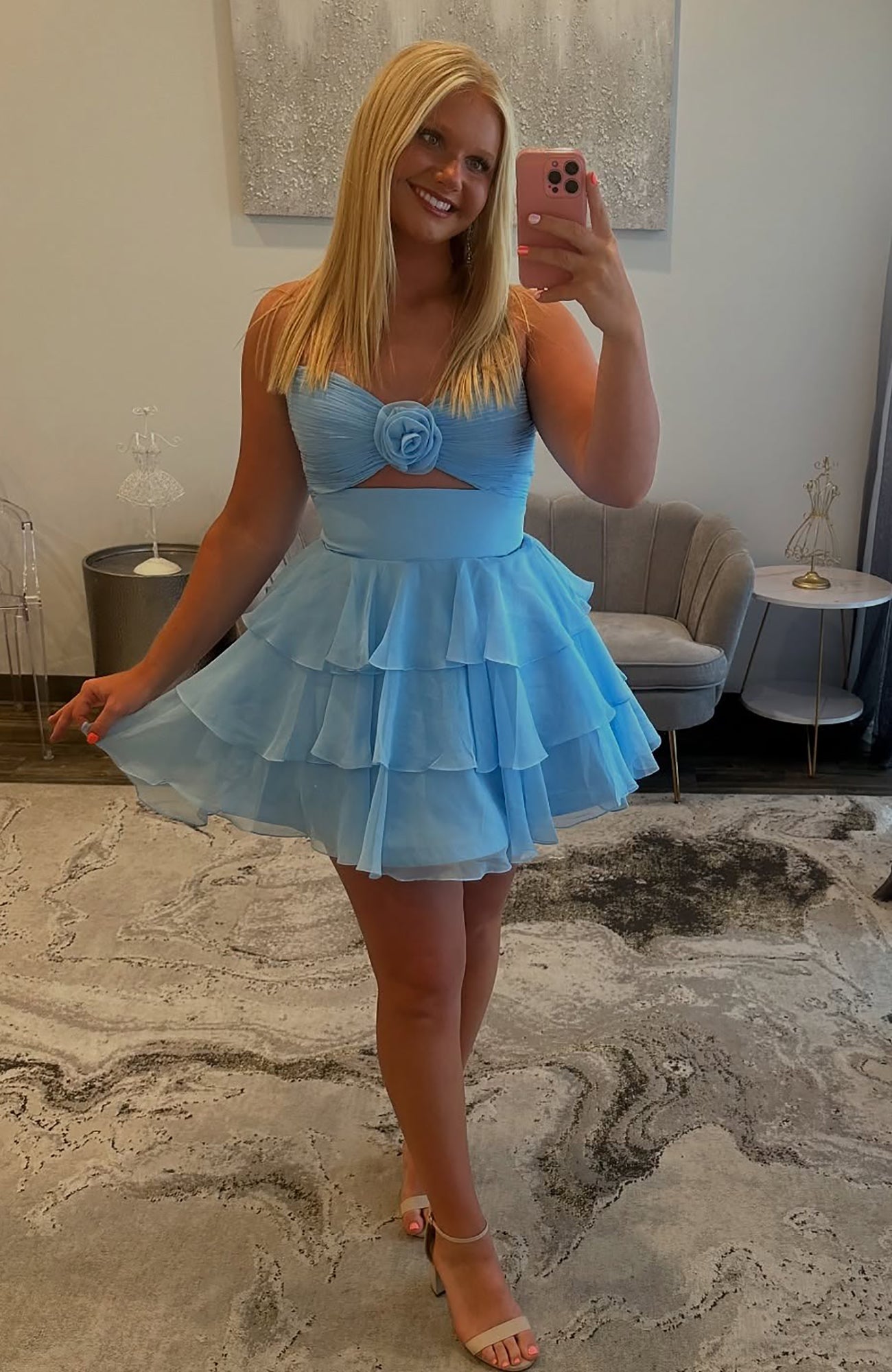 A Line Chiffon Ruffles Keyhole Sweetheart Homecoming Dresses HE648