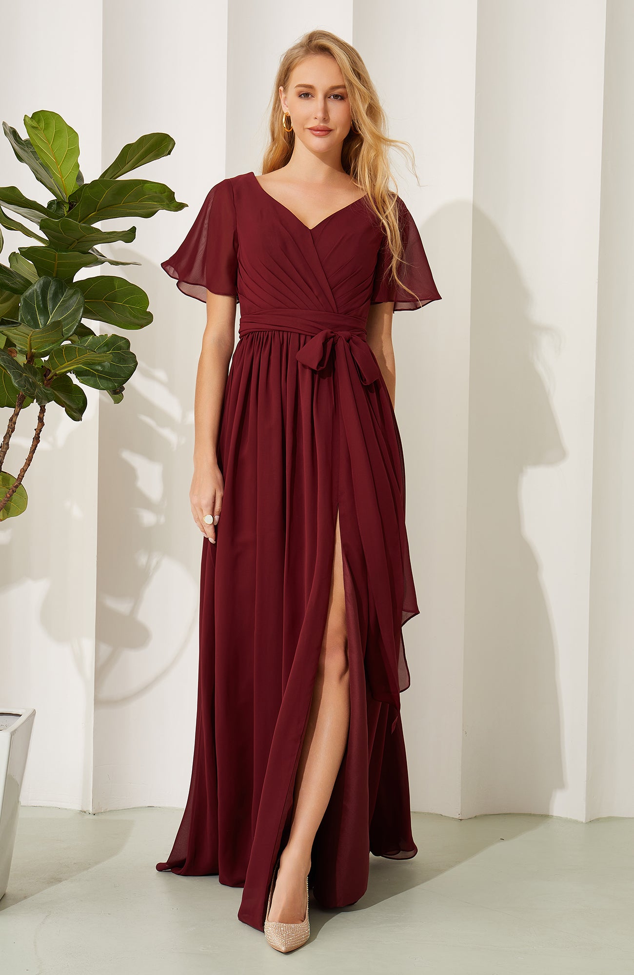 A Line Chiffon V Neck Split Long Bridesmaid Dresses with Short Sleeves HE708