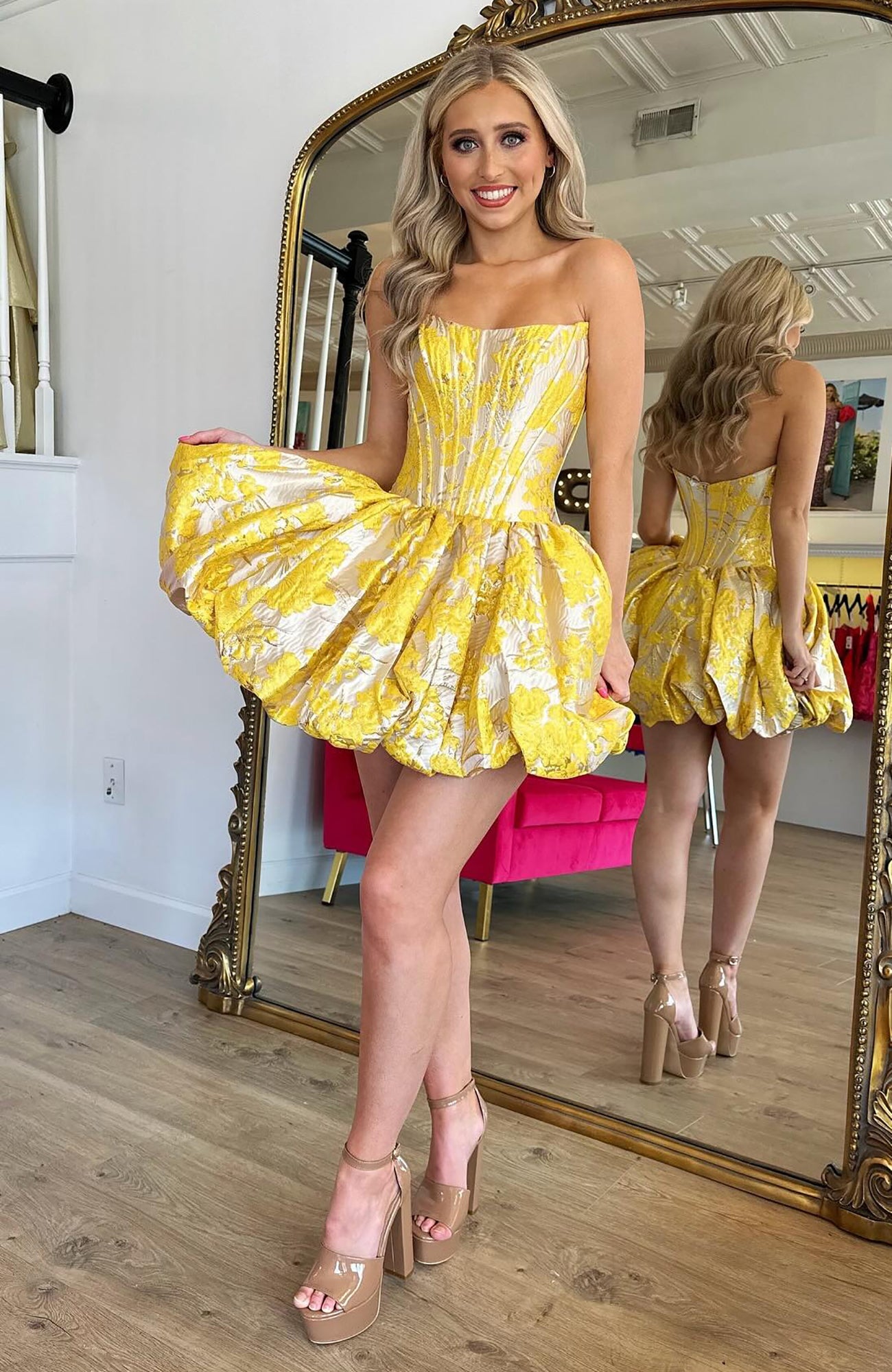 A Line Satin Floral Printed Corset Homecoming Dressses Yellow Party Dresses HE842