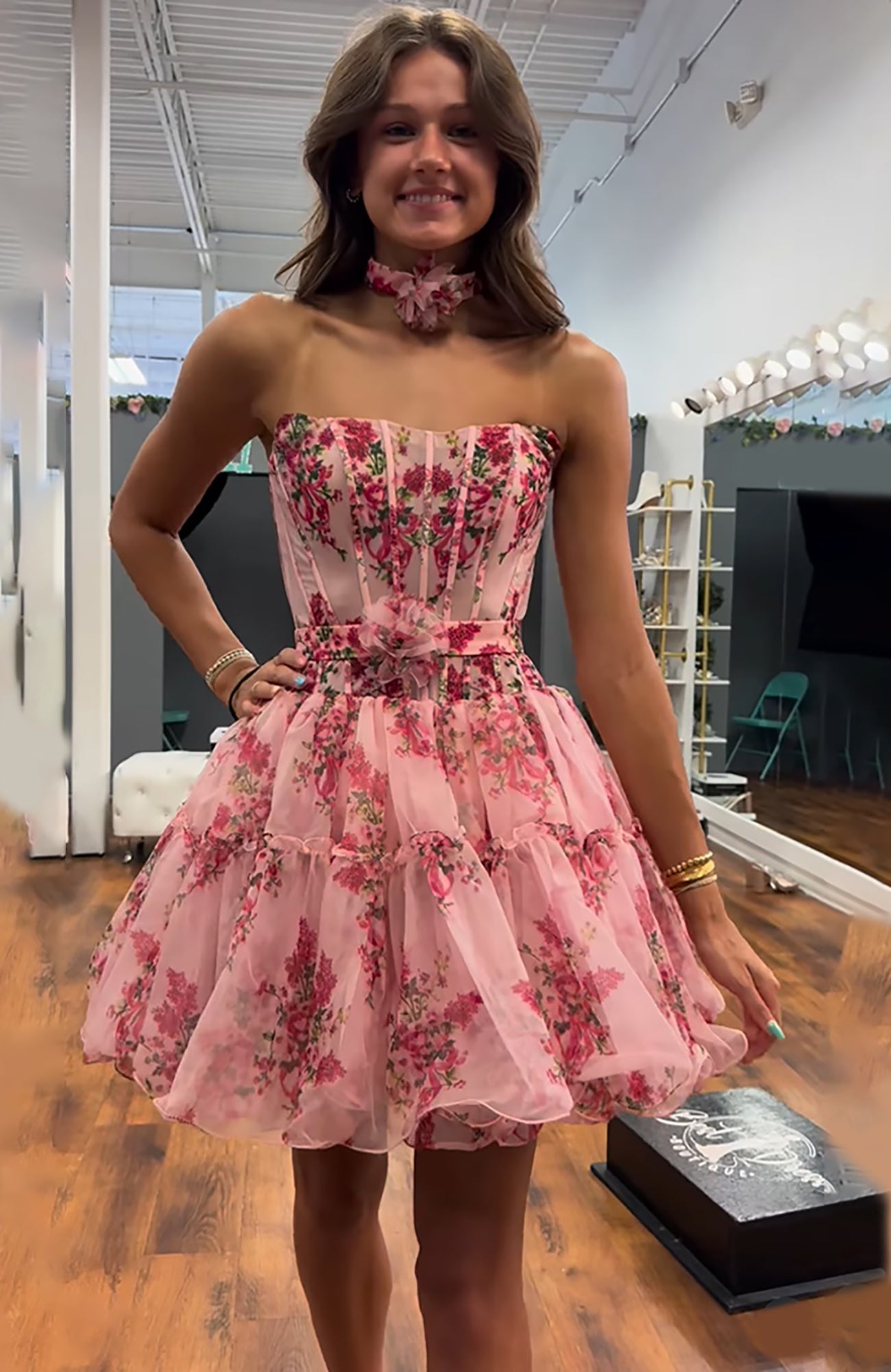 Floral Pink Strapless A Line Short Corset Homecoming Dress with Ruffles HE602