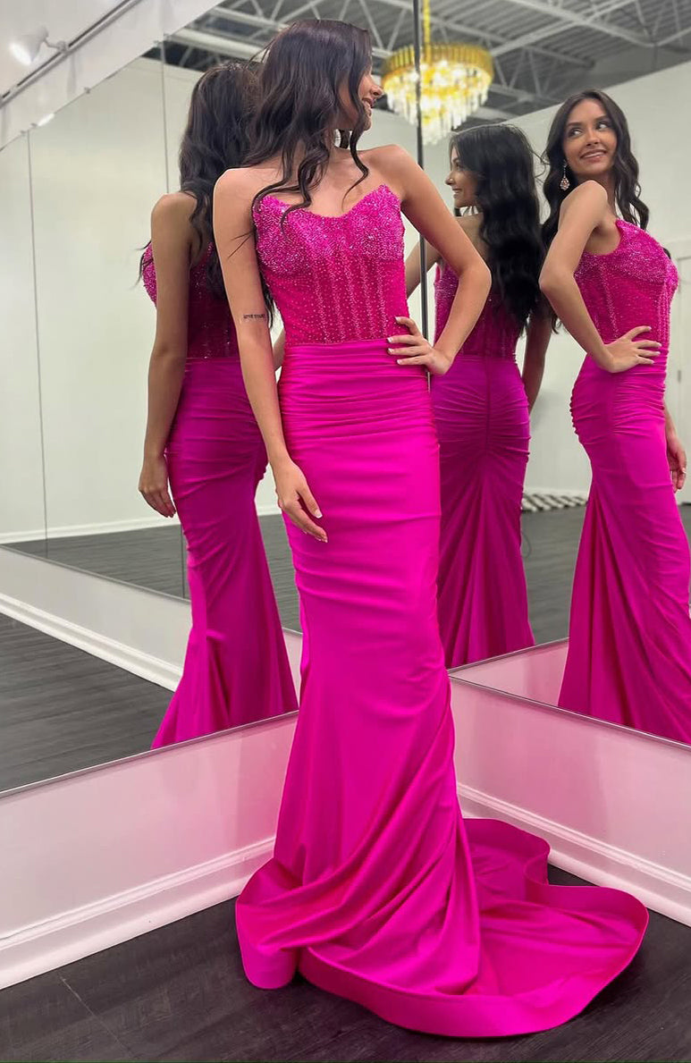 Mermaid Satin Corset Sequin Beaded Long Prom Dresses for Women Evening Party HE976