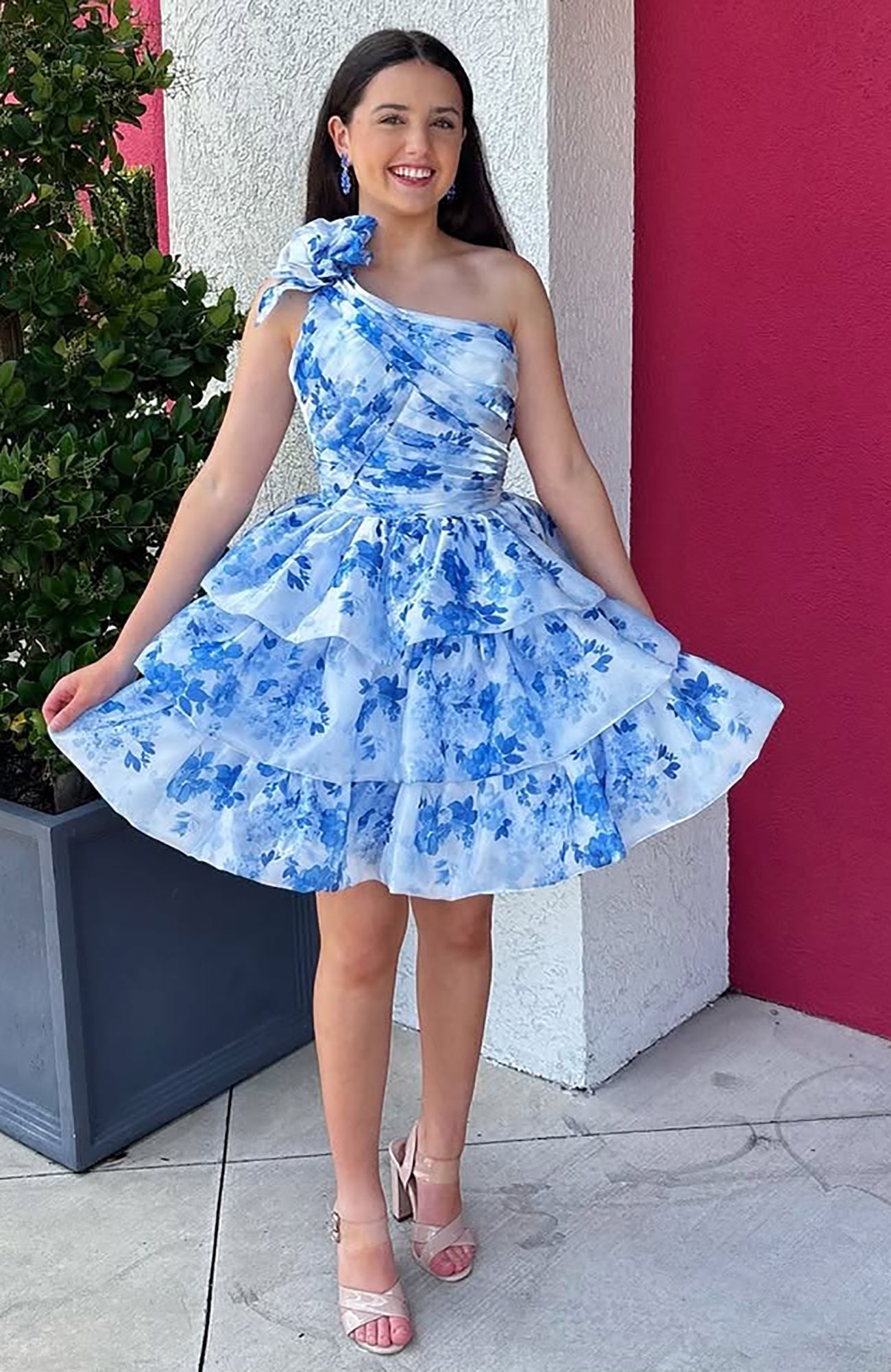 A Line One Shoulder Chiffon Floral Print Homecoming Dresses with Ruffles HE642