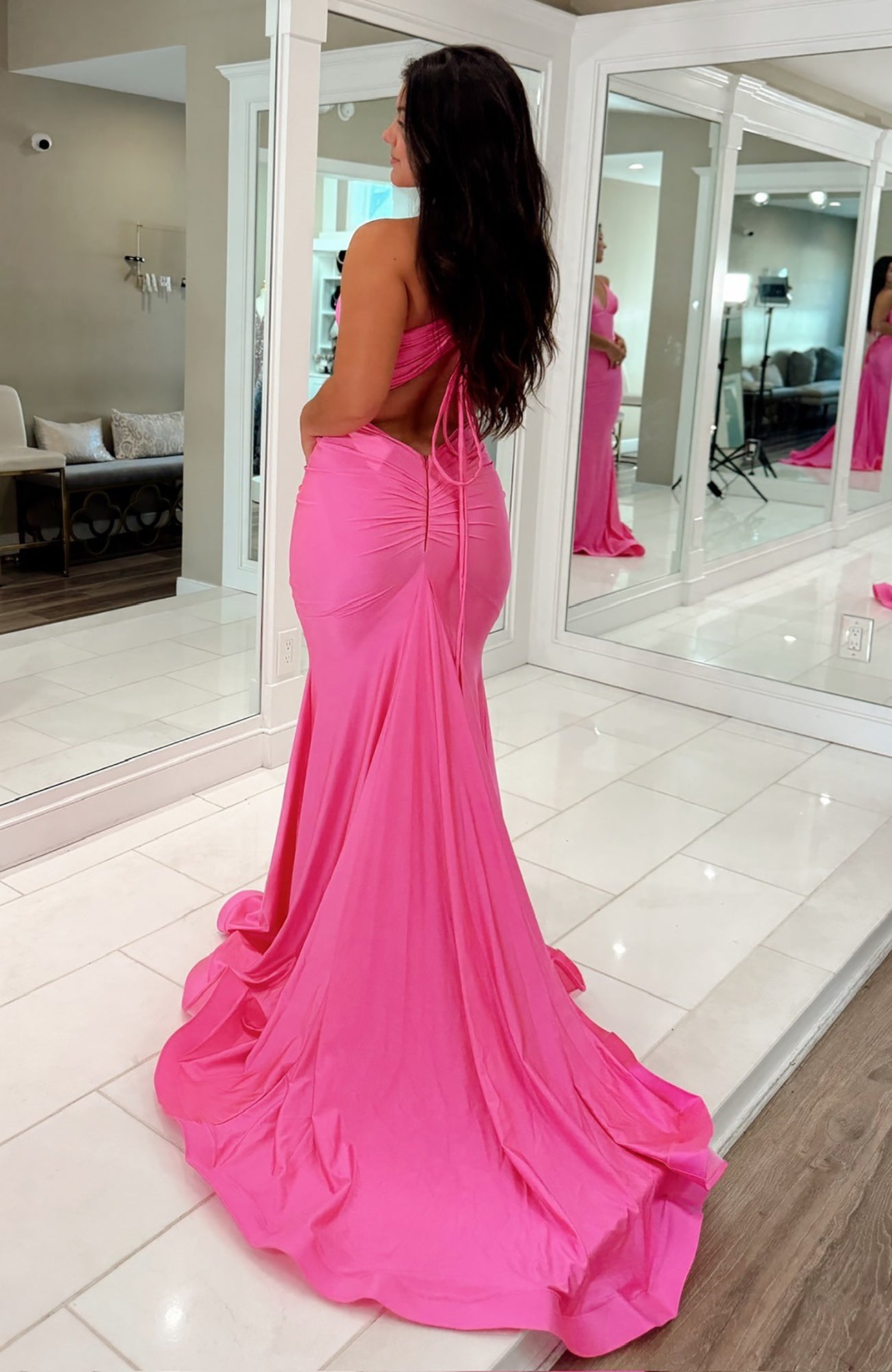 Sexy Deep V Neck Satin Long Prom Dresses Mermaid Backless Evening Party Gowns HE1023