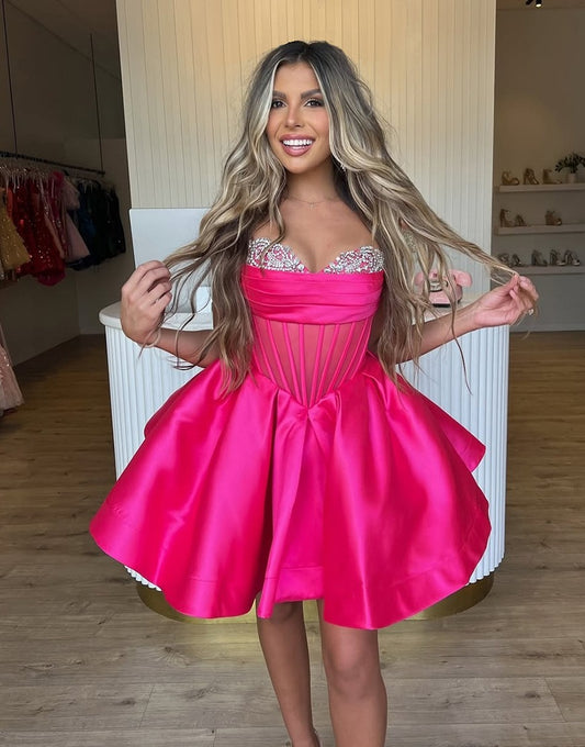 A Line Satin Beaded Homecoming Dresses Sweetheart Corset Party Gowns HE452