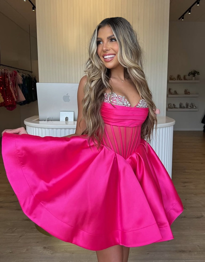 A Line Satin Beaded Homecoming Dresses Sweetheart Corset Party Gowns HE452