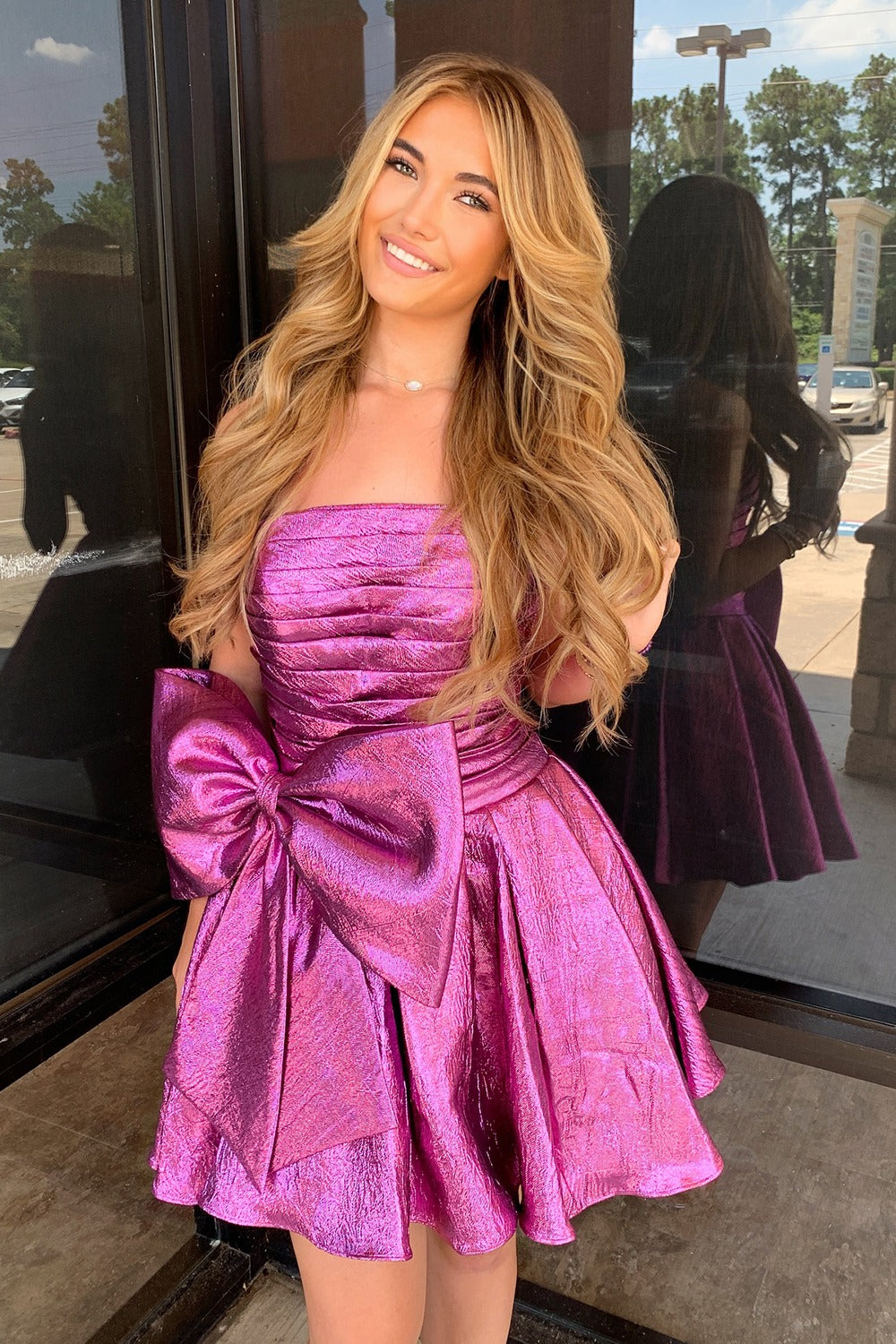 A Line Knee Length Homecoming Dresses Fuchsia Pleated Party Gowns HE465