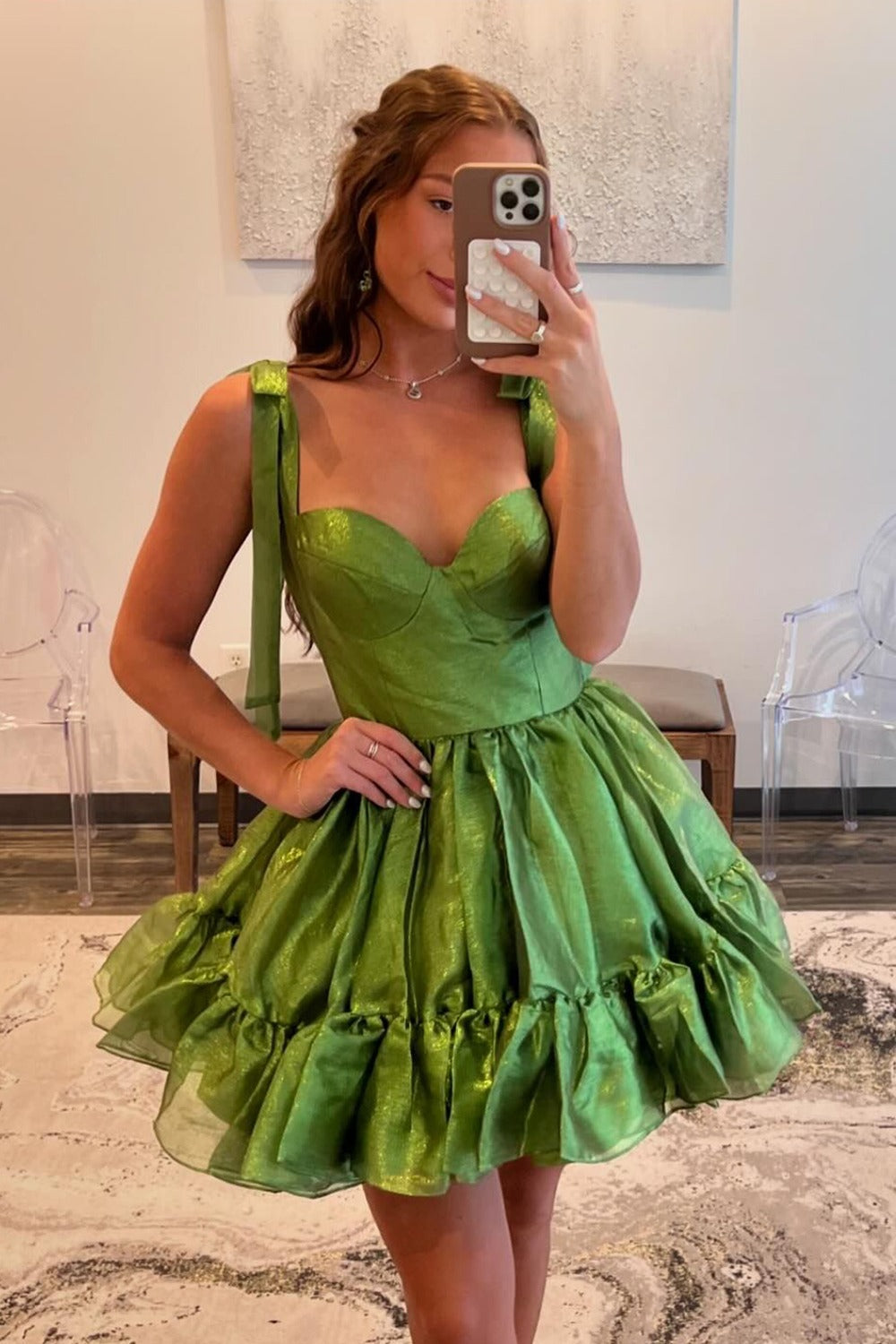 Vestidos de fiesta verdes sin mangas con escote en forma de corazón y corte en A HE463