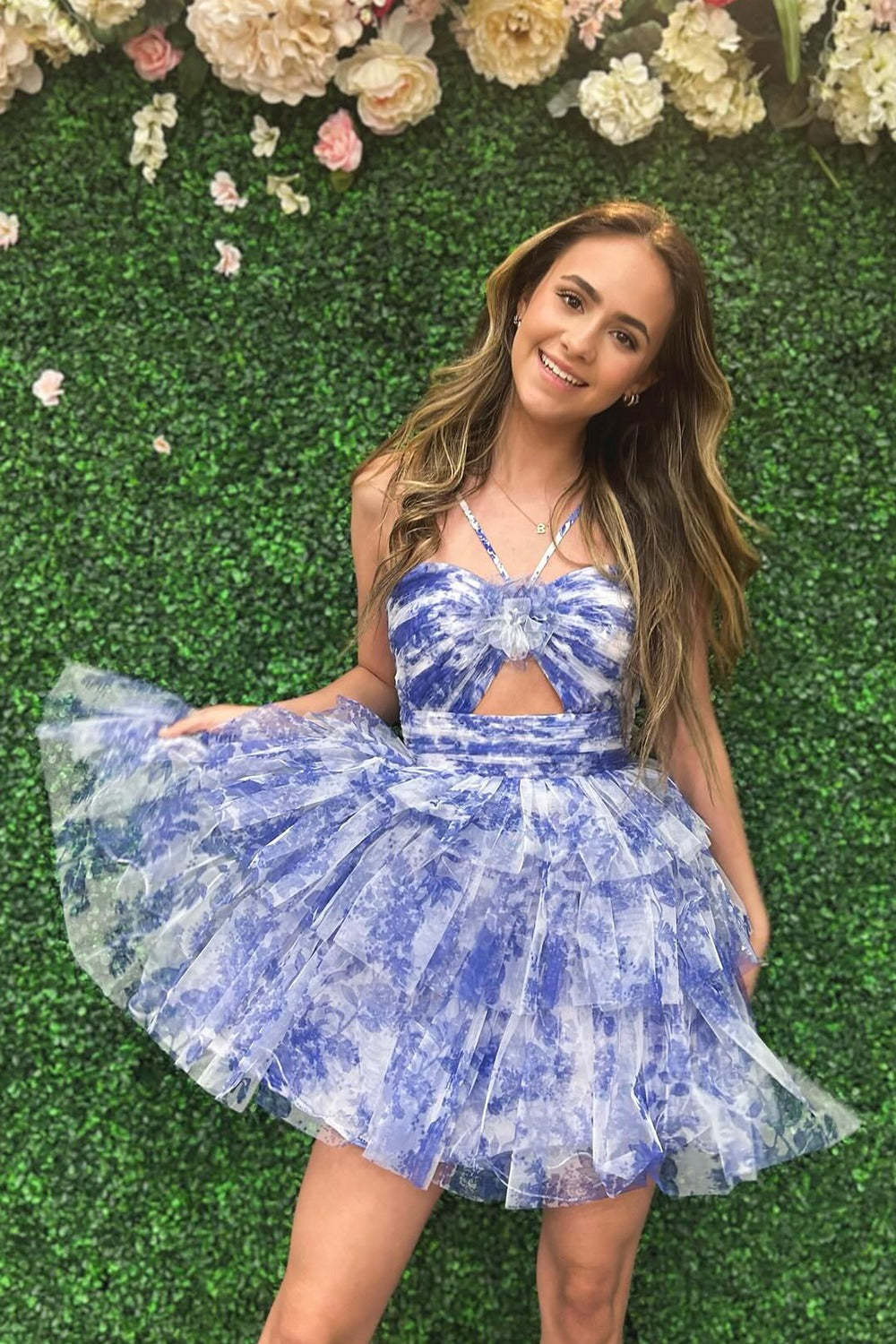 Vestidos de fiesta de tul con volantes y corte en A, con estampado floral y abertura en la espalda, vestidos de cóctel HE462