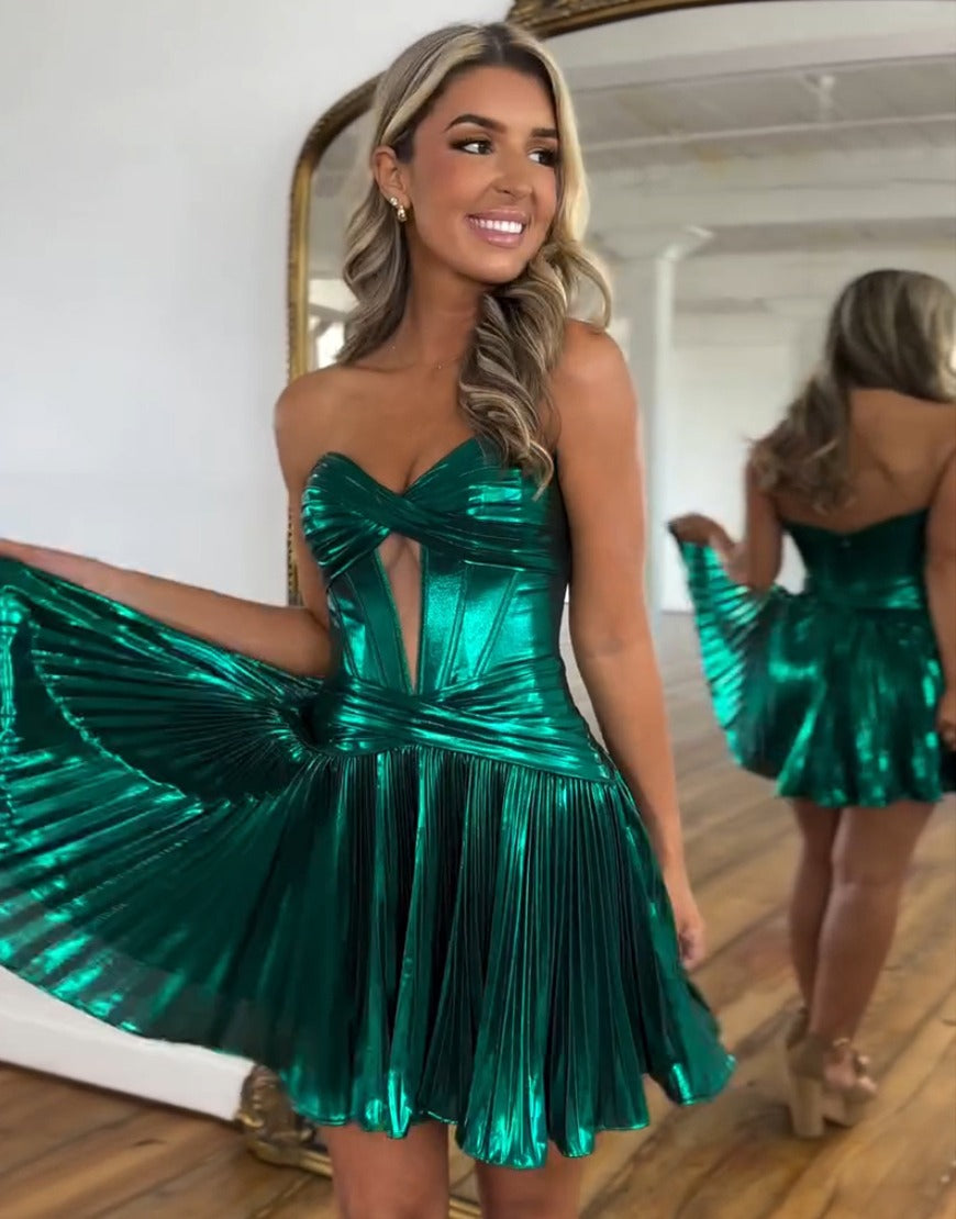 Vestidos de fiesta de satén metalizado con escote en forma de corazón y abertura en la espalda HE453
