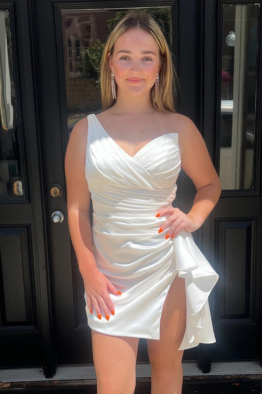 One Shoulder Satin Homecoming Dresses Short White Party Gowns HE475