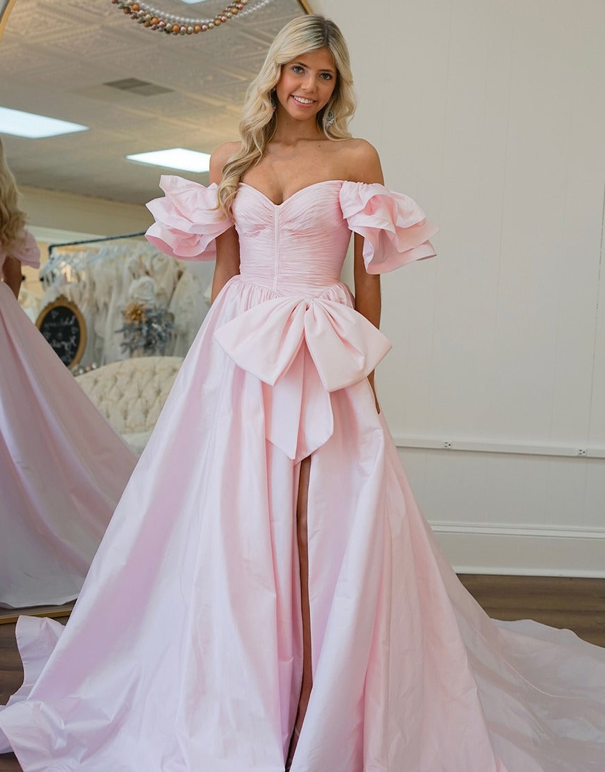 Ball Gown Satin Long Prom Dresses Side Slit Evening Dresses for Women HE035