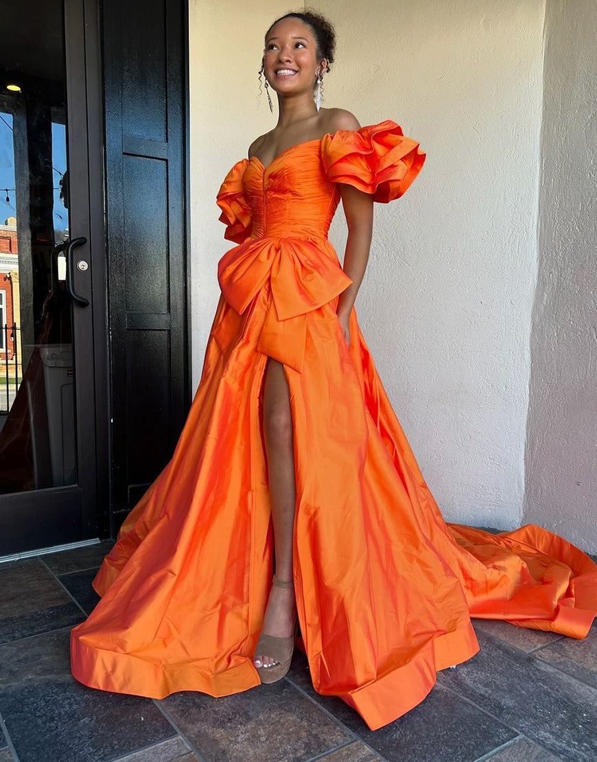 Ball Gown Satin Long Prom Dresses Side Slit Evening Dresses for Women HE035