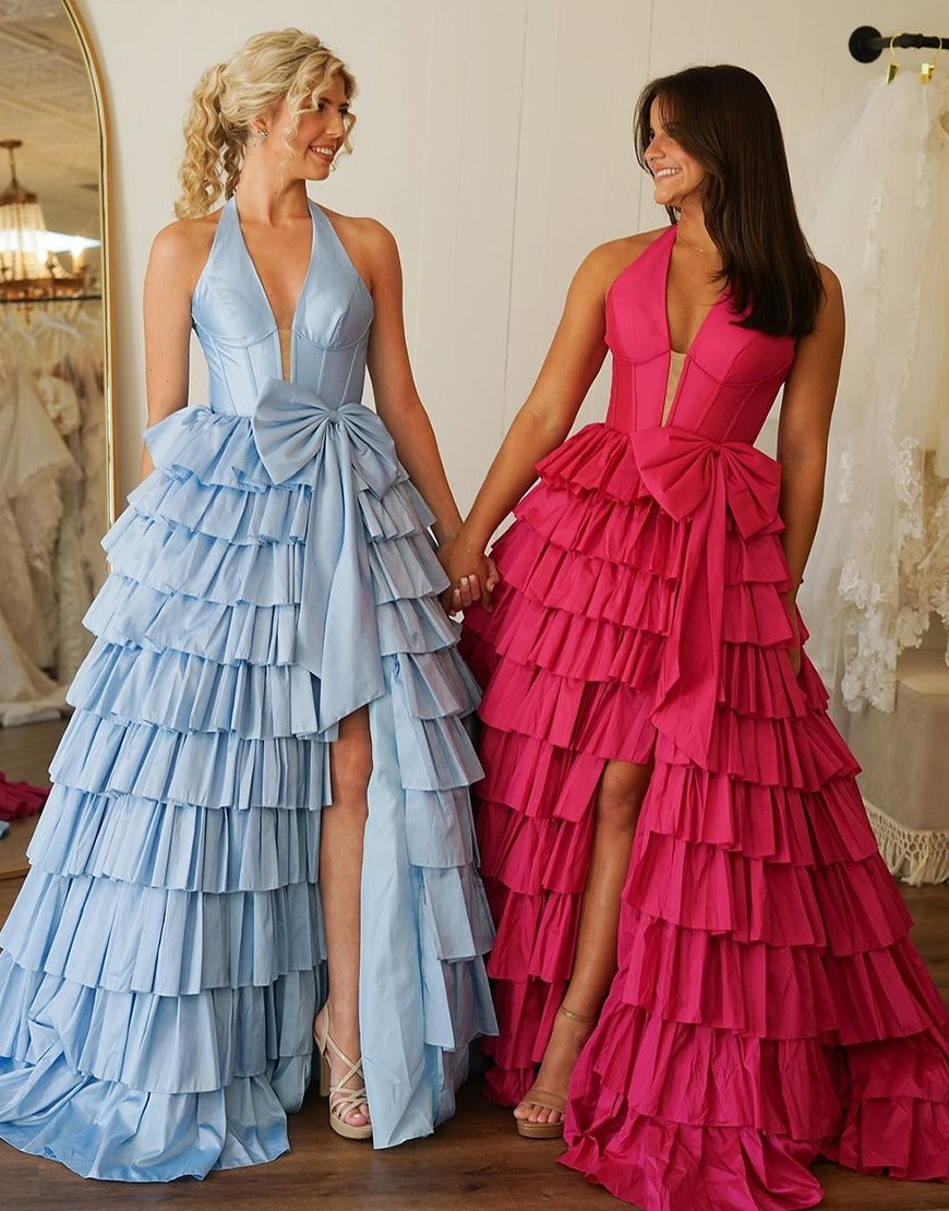 HE036-Vestido de fiesta largo con escote halter y corsé, corte A, lazo escalonado y abertura en la noche, sexy, con escote en V, para mujer