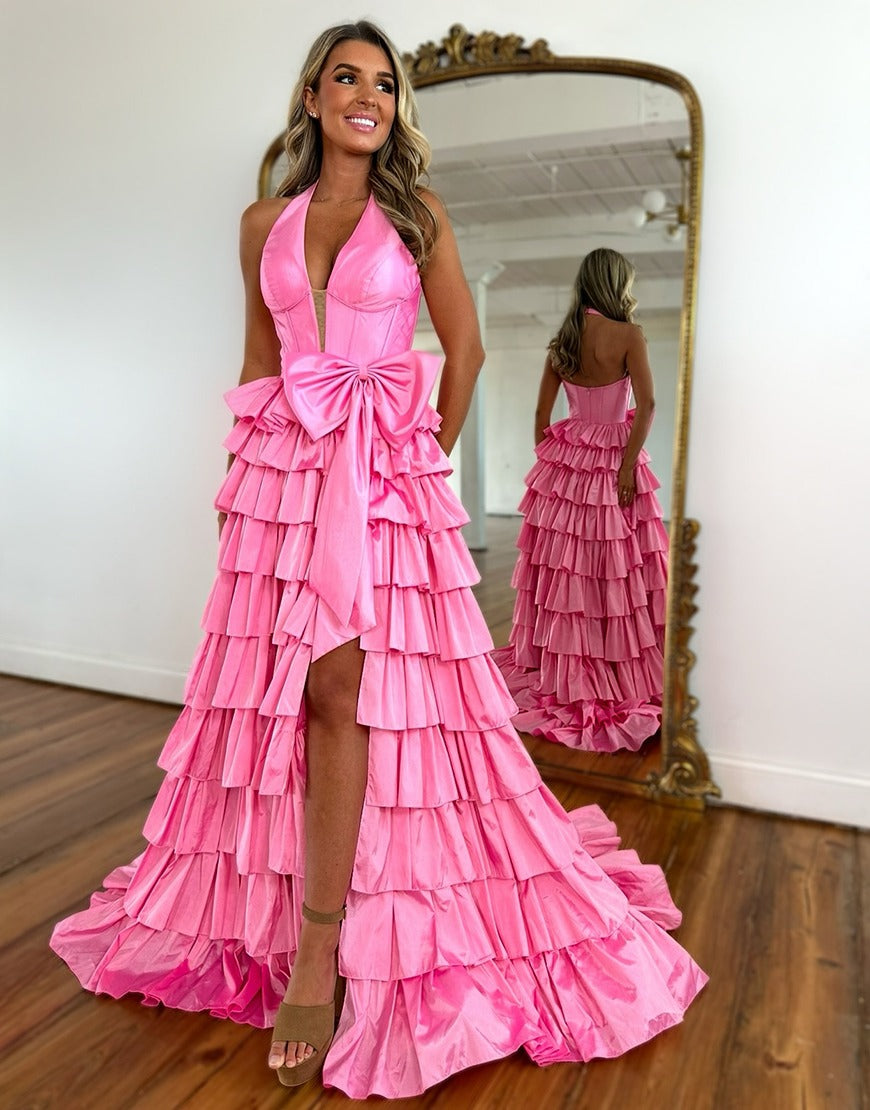 HE036-Vestido de fiesta largo con escote halter y corsé, corte A, lazo escalonado y abertura en la noche, sexy, con escote en V, para mujer