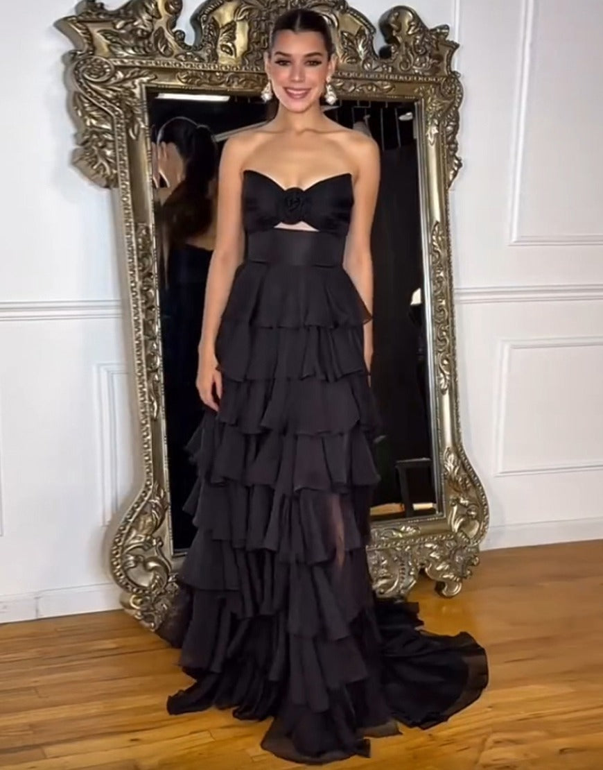 HE001 - Vestidos de fiesta de gasa de corte A para mujer, sin tirantes, con flores, volantes y cuello halter.