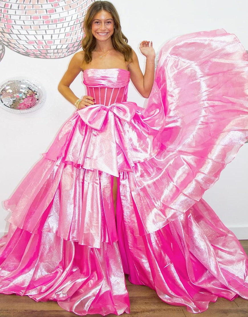 A Line Sweetheart Long Prom Dress Strapless Corset Ruffle Evening Gowns with Slit HE043