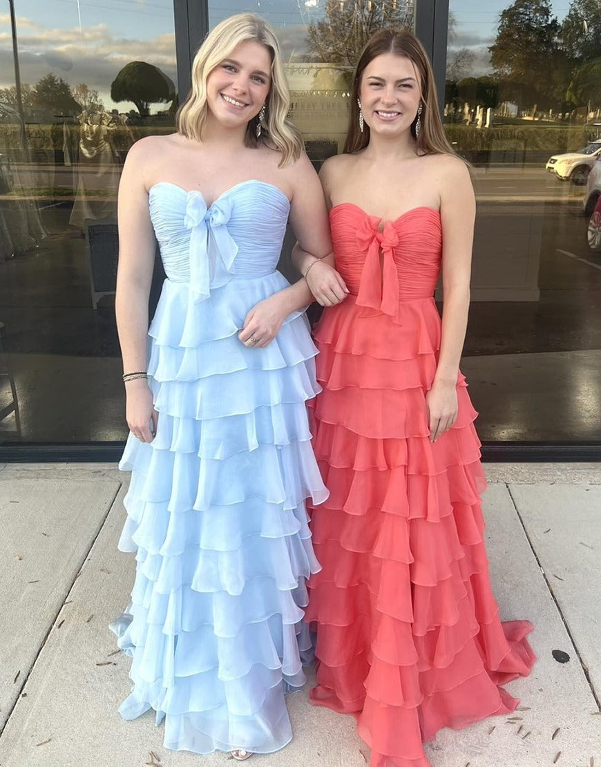 A-Line Chiffon Long Prom Dress with Slit Strapless Ruffles Evening Gowns HE020