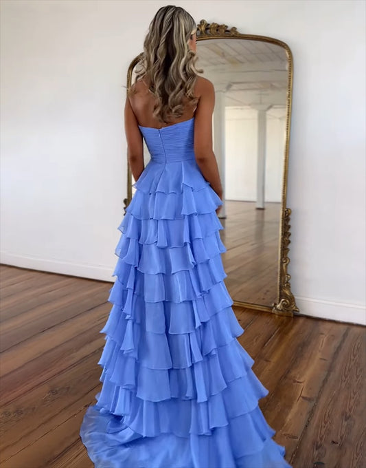 A-Line Chiffon Long Prom Dress with Slit Strapless Ruffles Evening Gowns HE020