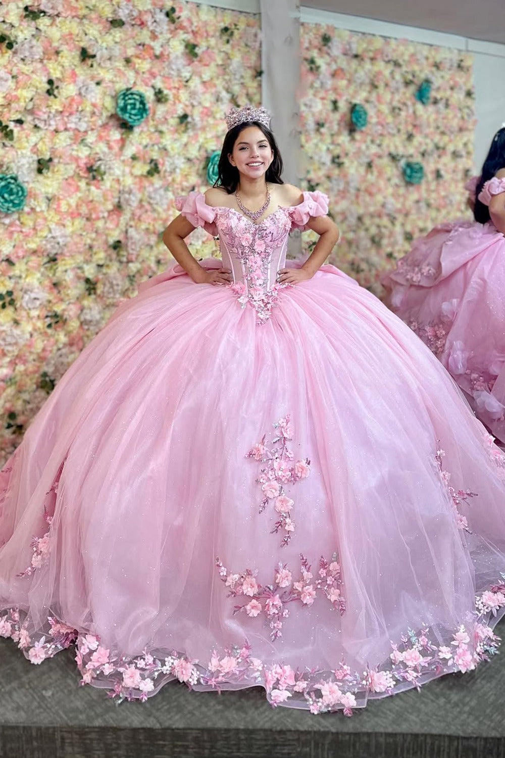 HE058-Vestido de quinceañera rosa con hombros descubiertos, apliques de flores 3D de tul, ideal para fiestas de cumpleaños y dulces 16