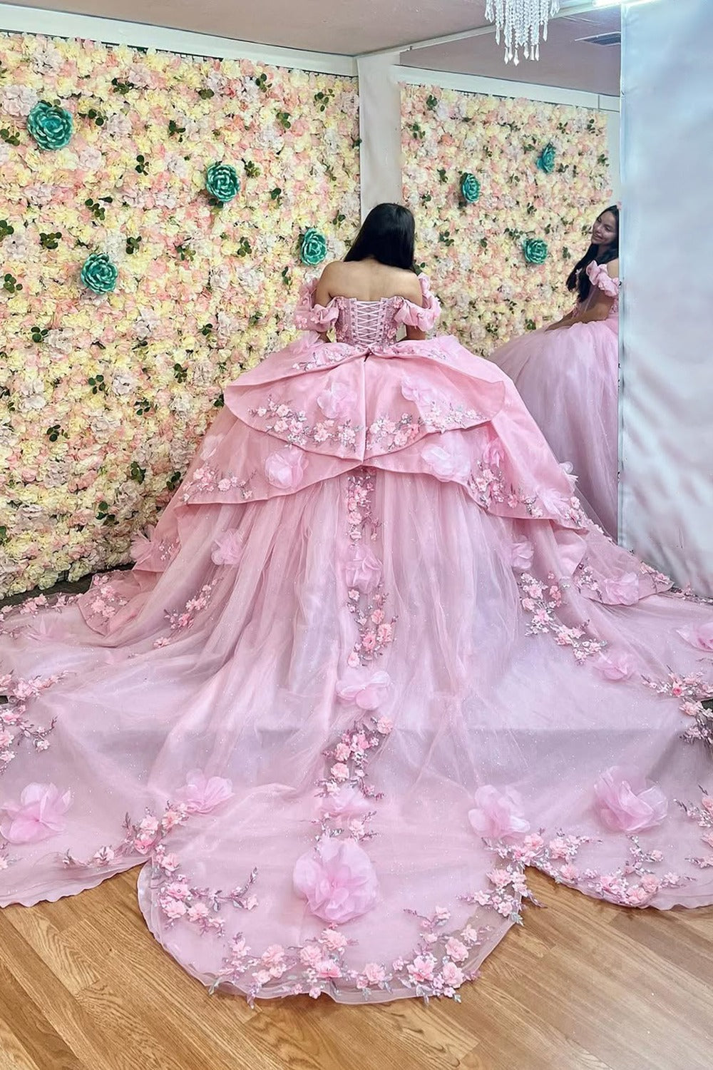 HE058-Vestido de quinceañera rosa con hombros descubiertos, apliques de flores 3D de tul, ideal para fiestas de cumpleaños y dulces 16