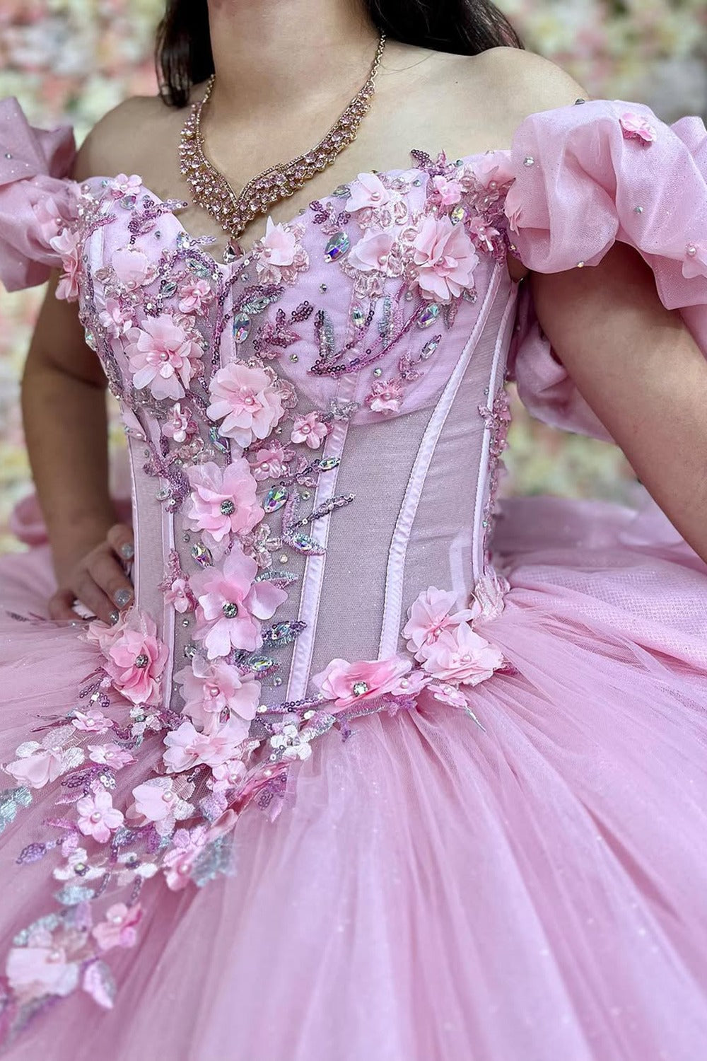 HE058-Vestido de quinceañera rosa con hombros descubiertos, apliques de flores 3D de tul, ideal para fiestas de cumpleaños y dulces 16