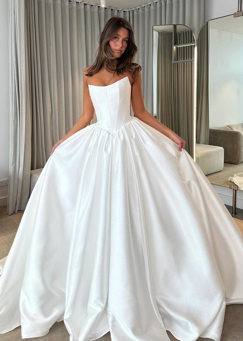 A Line Sweetheart White Satin Bridal Wedding Dresses with Long Train HE803