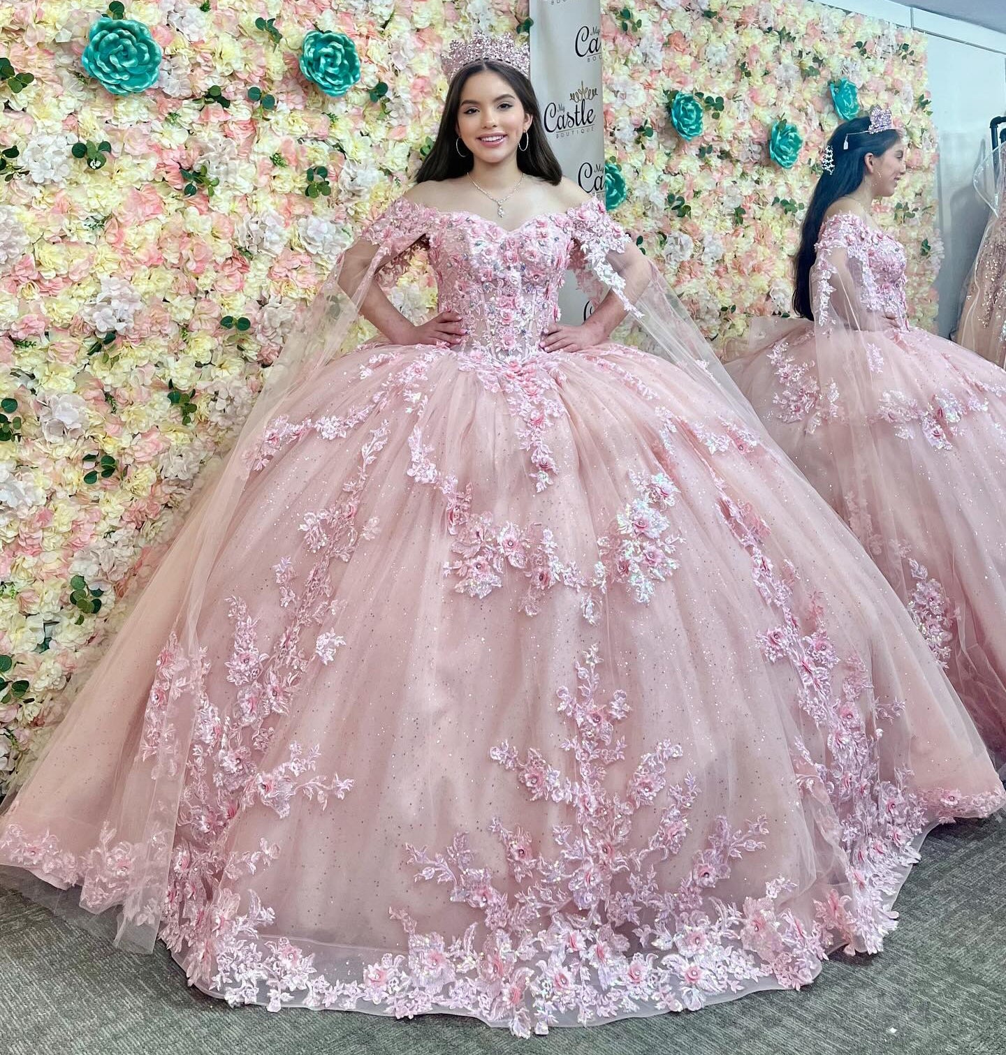 HE088 - Vestido de quinceañera con hombros descubiertos, apliques de tul rosa con encaje y volantes para fiesta de cumpleaños