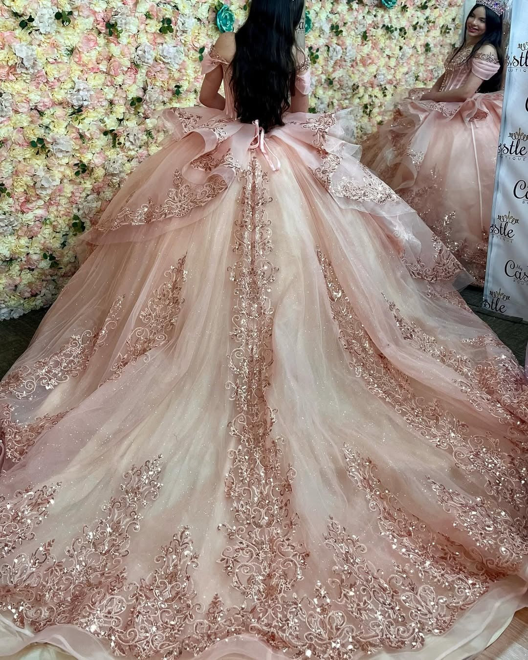 HE086 - Hermosos vestidos de quinceañera con apliques de encaje, tul con hombros descubiertos y volantes de cuentas, ideal para fiestas de cumpleaños de 16 años.