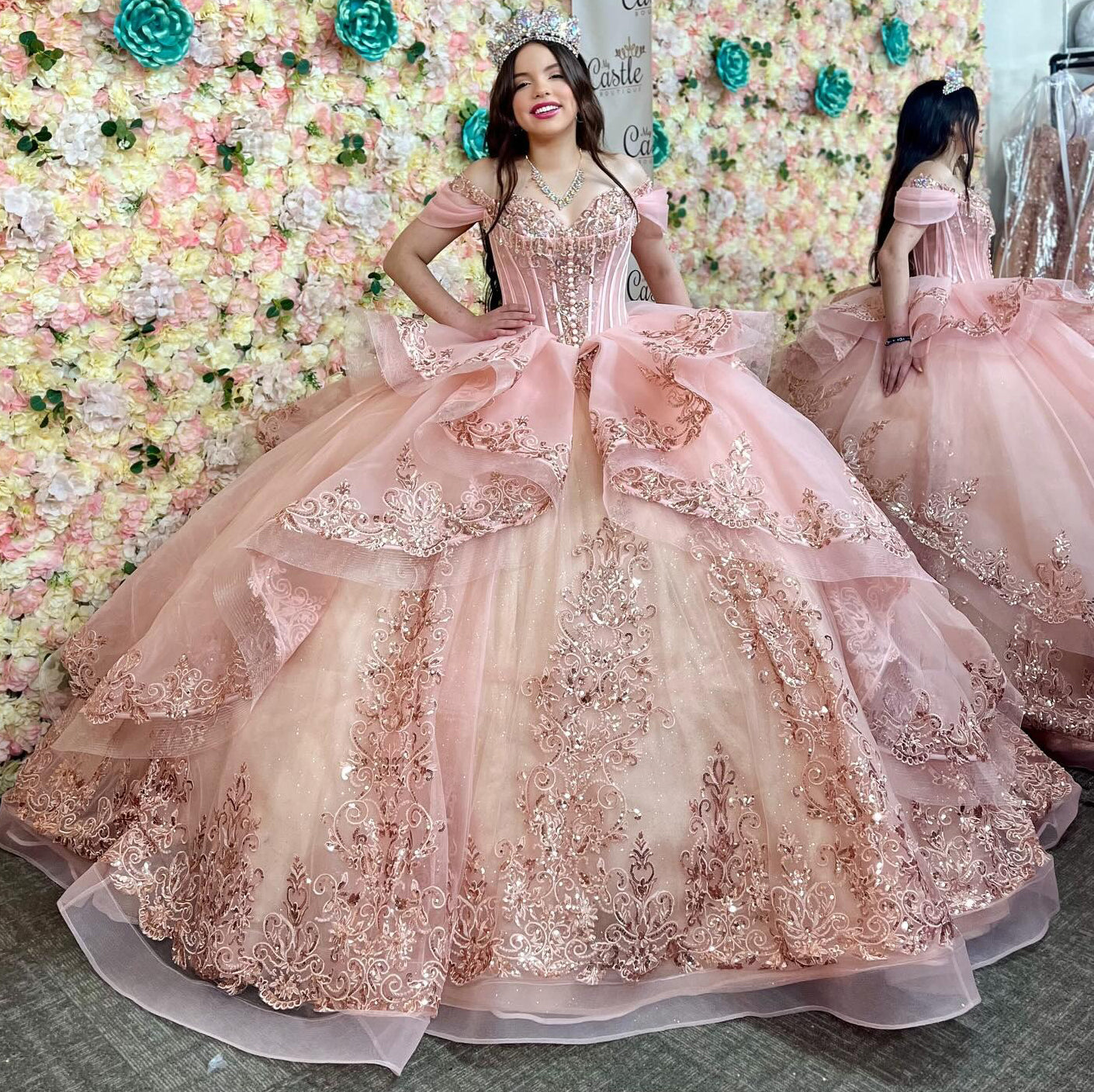 HE086 - Hermosos vestidos de quinceañera con apliques de encaje, tul con hombros descubiertos y volantes de cuentas, ideal para fiestas de cumpleaños de 16 años.