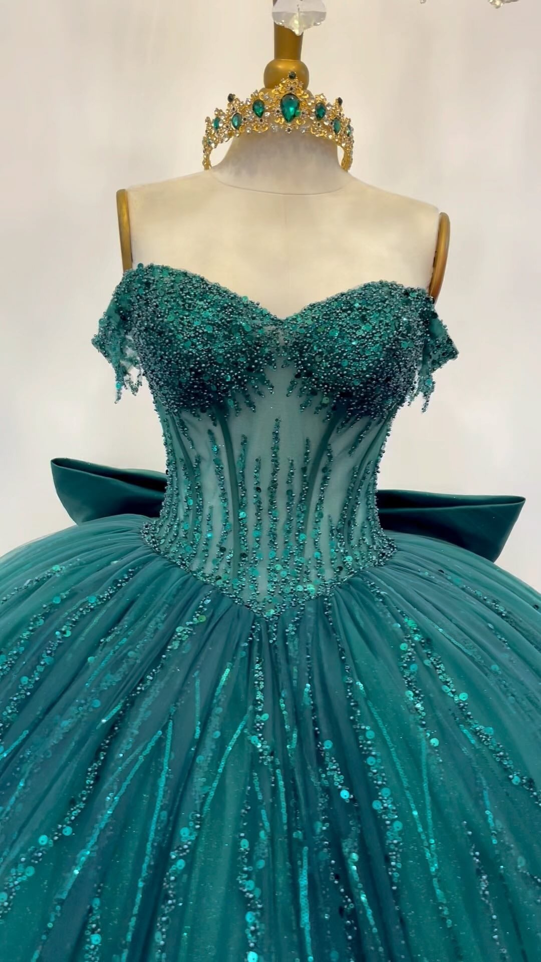 HE310-Vestido de quinceañera con lentejuelas y tul brillante, vestido de baile con hombros descubiertos, vestido de princesa verde para fiesta de graduación de 16 años