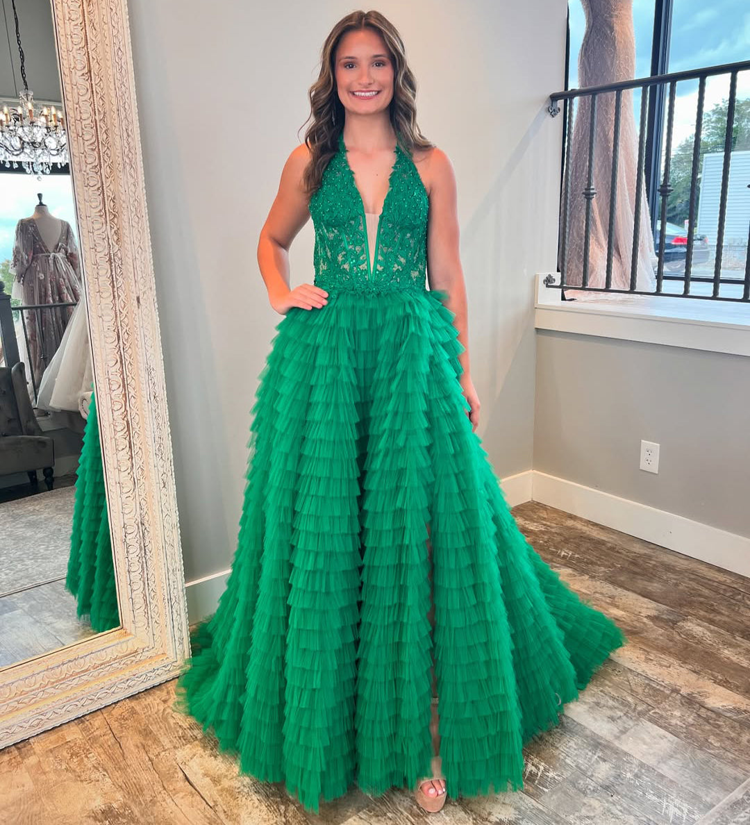 HE368-Women's V Neck A Line Long Prom Dresses Tulle Lace Ruffles Evening Gowns Plus Size Party Dresses