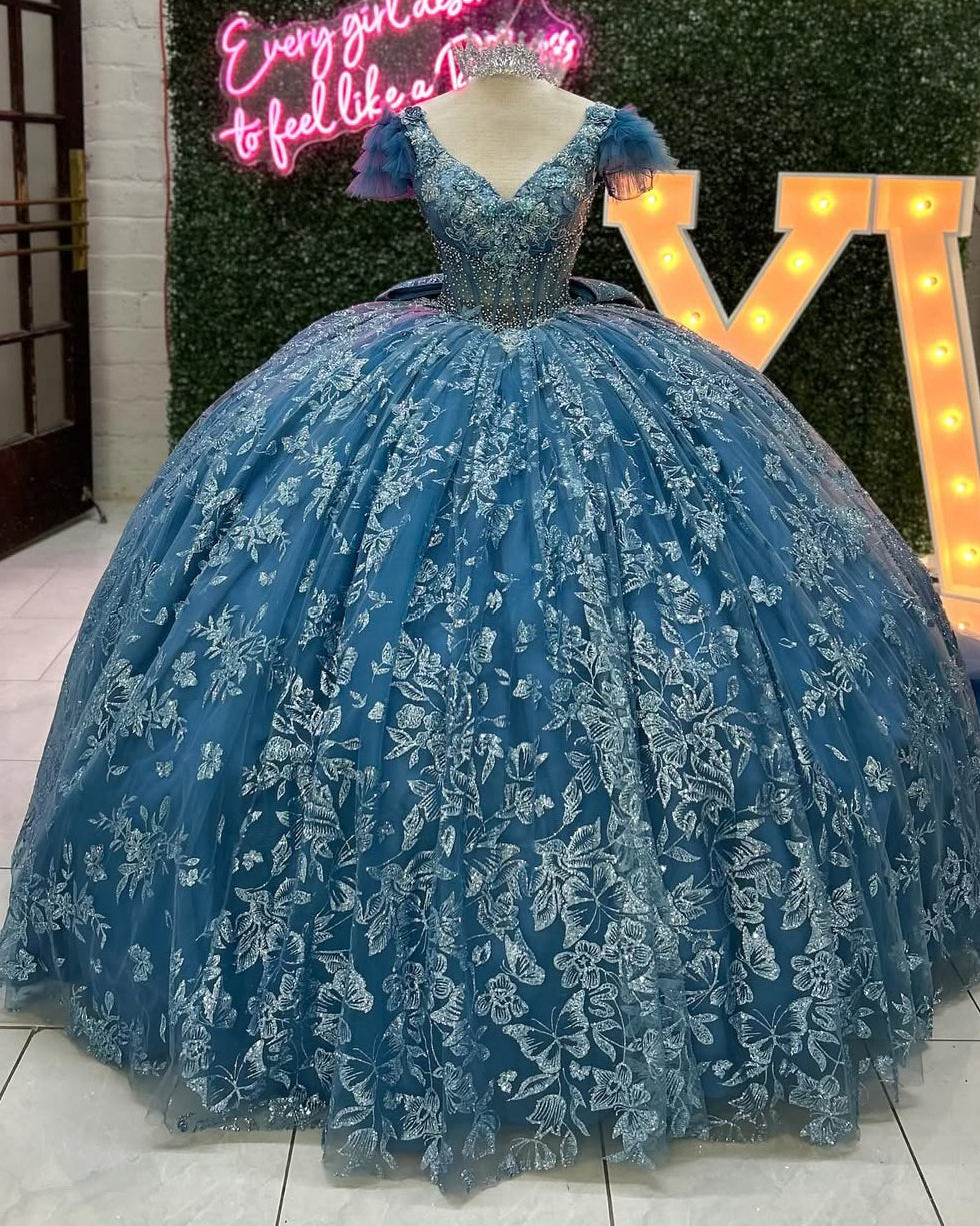 HE223-Hermosos vestidos de quinceañera con escote en V, vestido de baile de princesa, vestidos de cumpleaños, vestido de fiesta de tul con encaje y volantes para dulces 16