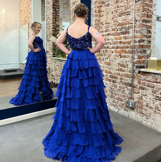 A Line Chiffon Long Prom Dresses Sweetheart Ruffles Lace Appliques Evening Gowns HE104