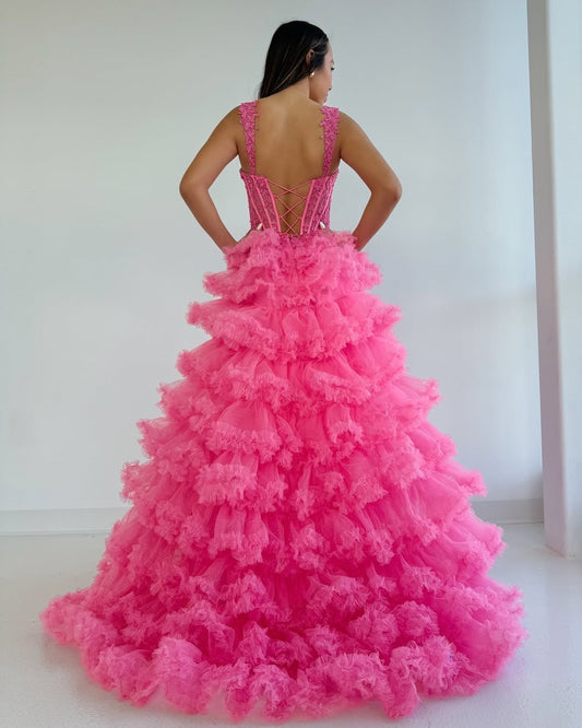 A Line Tulle Ruffles Prom Dresses Sweetheart Corset Evening Gowns with Slit HE197