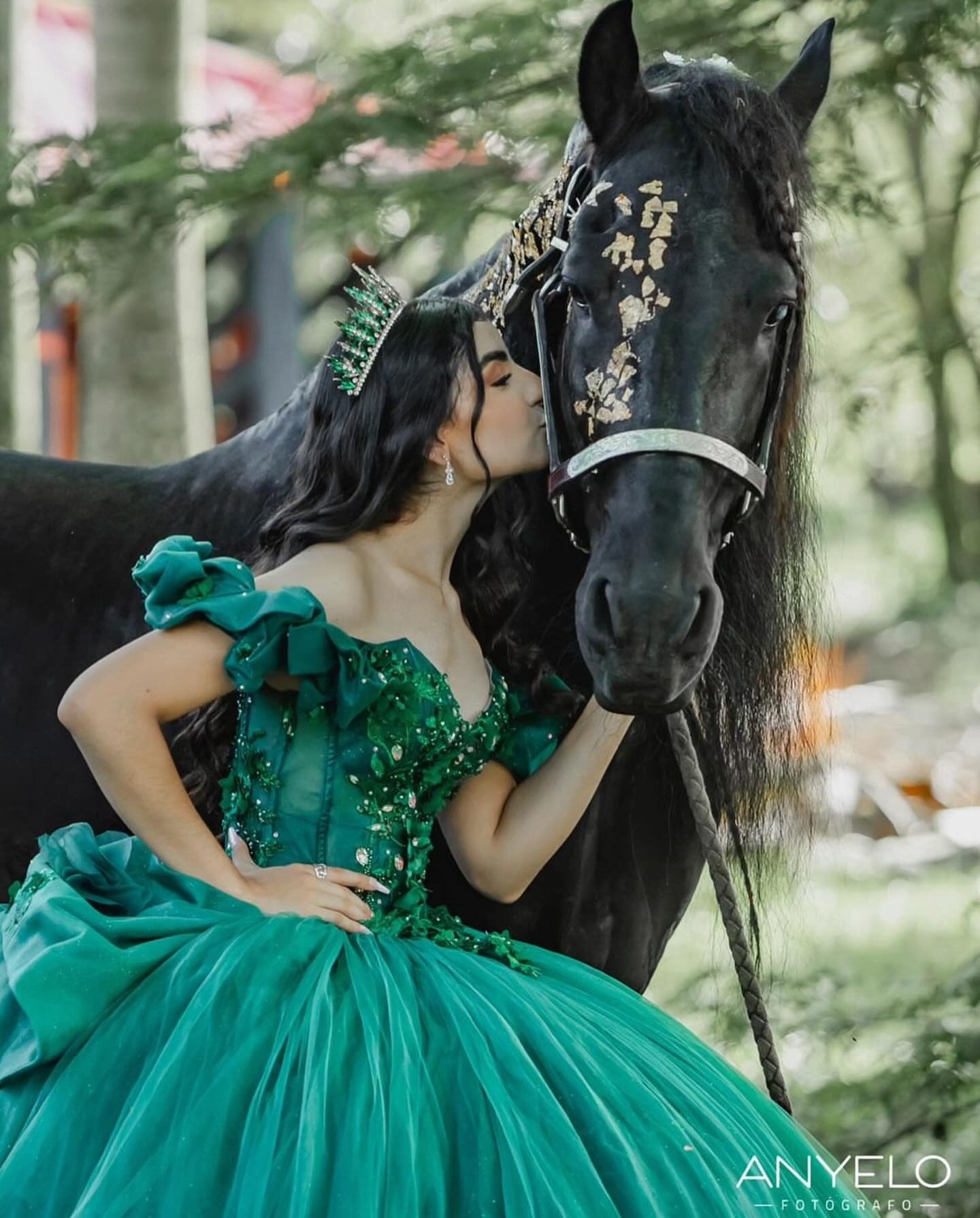 HE059 - Vestidos de quinceañera verde esmeralda con hombros descubiertos y encaje de tul con flores 3D para fiesta de cumpleaños de 16 años