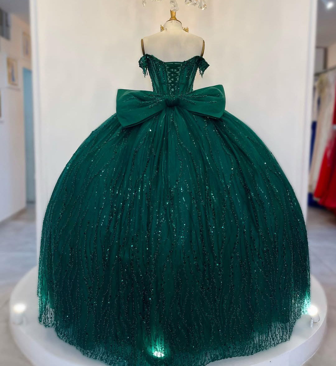 HE310-Vestido de quinceañera con lentejuelas y tul brillante, vestido de baile con hombros descubiertos, vestido de princesa verde para fiesta de graduación de 16 años