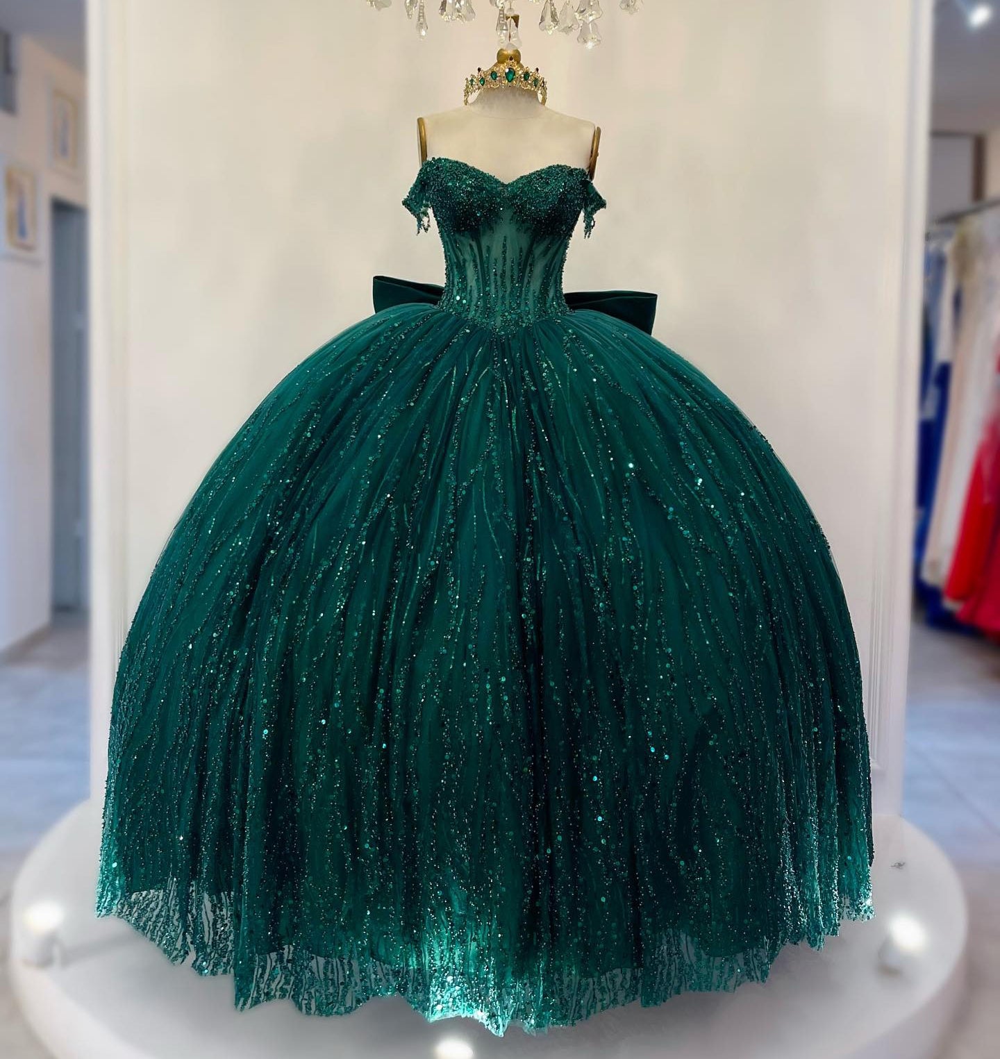 HE310-Vestido de quinceañera con lentejuelas y tul brillante, vestido de baile con hombros descubiertos, vestido de princesa verde para fiesta de graduación de 16 años