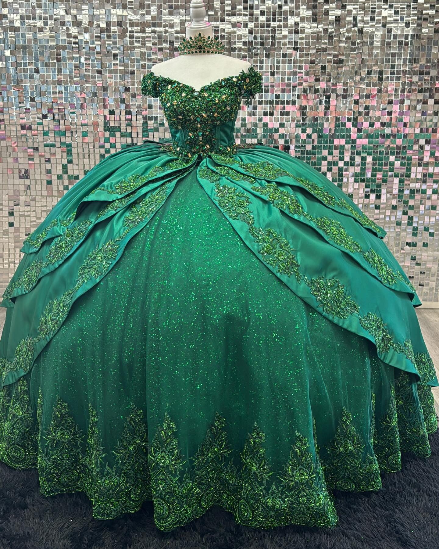 Emerald Green Tulle Glittery Lace Beaded Princess Quinceanera Dresses for Birthday HE943