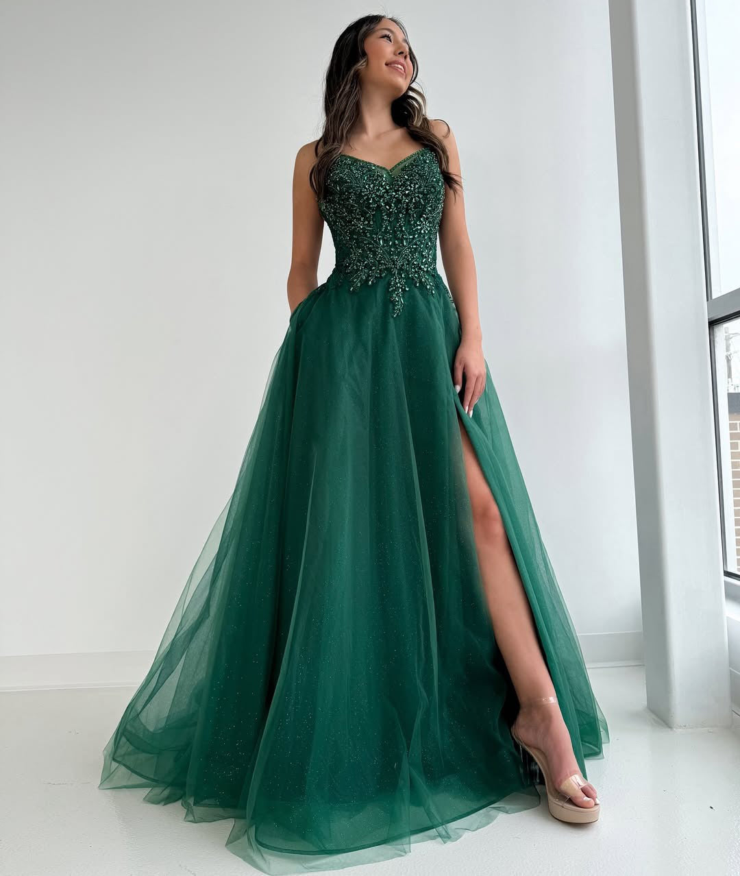 Emerald Prom Dresses Long A Line Tulle Lace Beaded Evening Dresses with Slit HE194