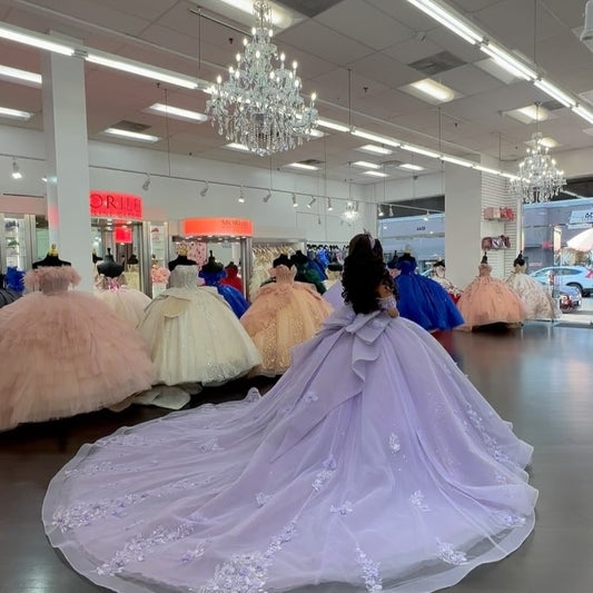 Off Shoulder Lilac Tulle 3D Flower Appliqued Quinceanera Dresses for Sweet 16 HE676