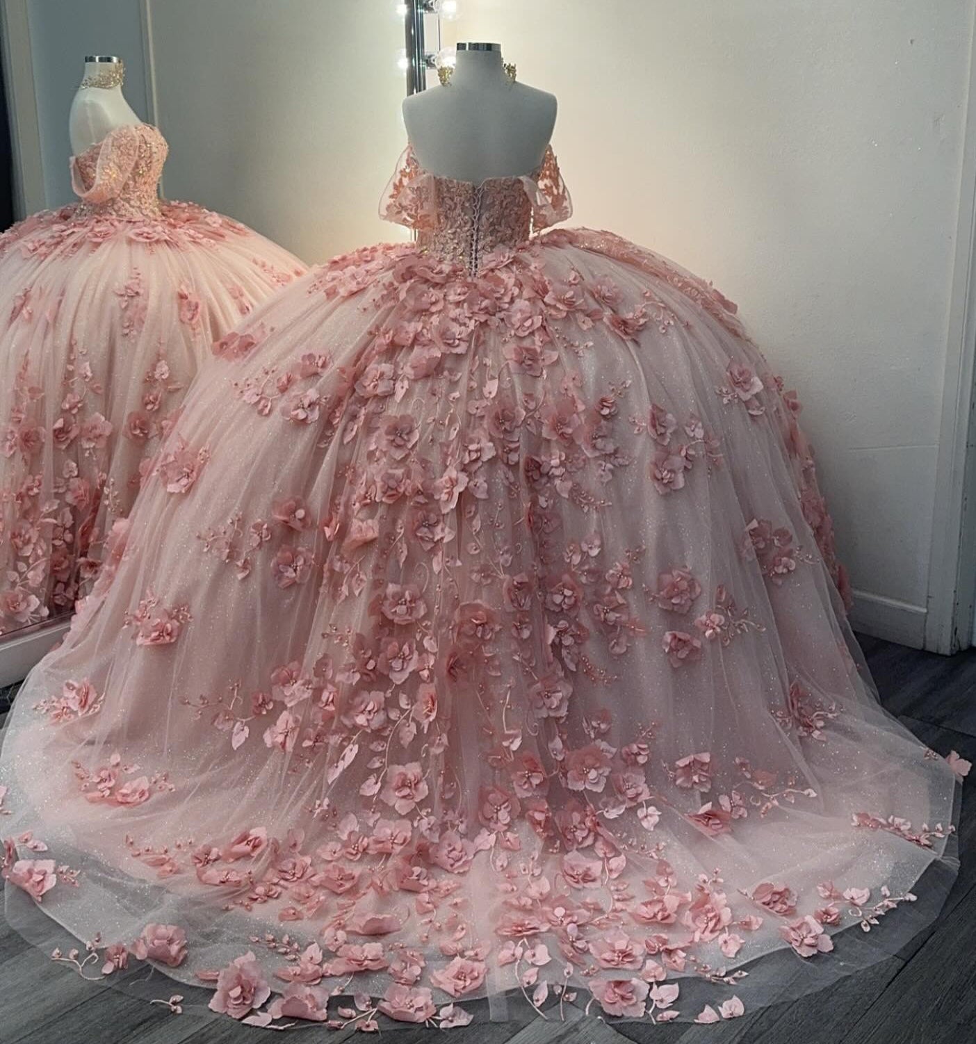 Princess Ball Gown Tulle 3d Flowers Pink Sweet 16 Quinceanera Dresses HE941