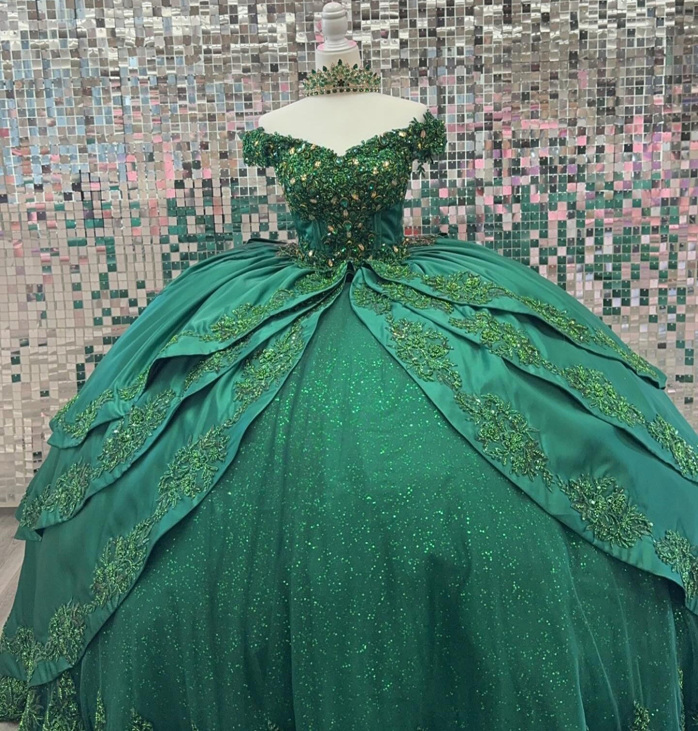 Emerald Green Tulle Glittery Lace Beaded Princess Quinceanera Dresses for Birthday HE943