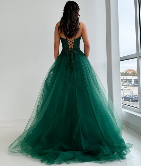 Emerald Prom Dresses Long A Line Tulle Lace Beaded Evening Dresses with Slit HE194