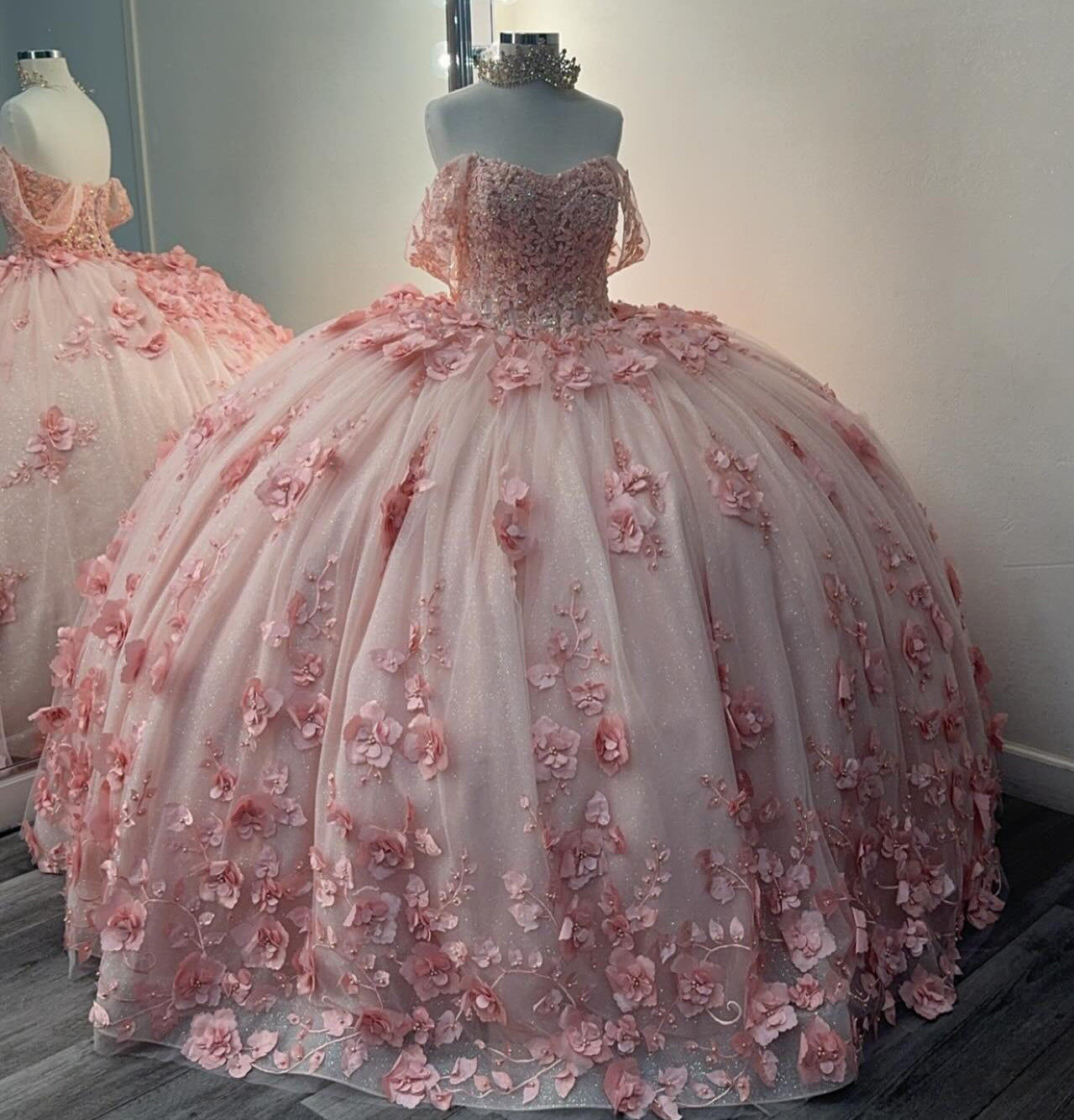 Princess Ball Gown Tulle 3d Flowers Pink Sweet 16 Quinceanera Dresses HE941