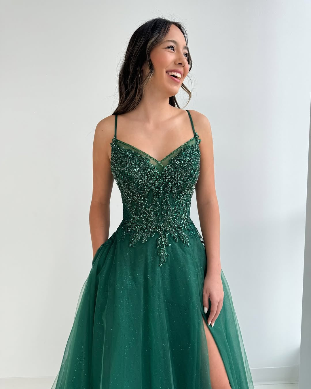 Emerald Prom Dresses Long A Line Tulle Lace Beaded Evening Dresses with Slit HE194