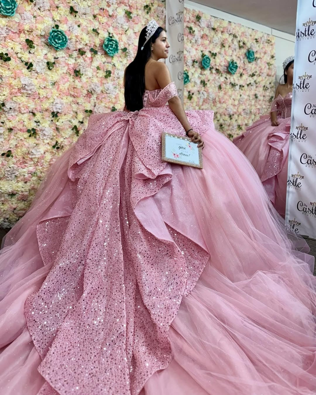 HE085 - Vestido de quinceañera con hombros descubiertos, de tul, con cuentas y volantes, sin mangas, para fiesta de cumpleaños