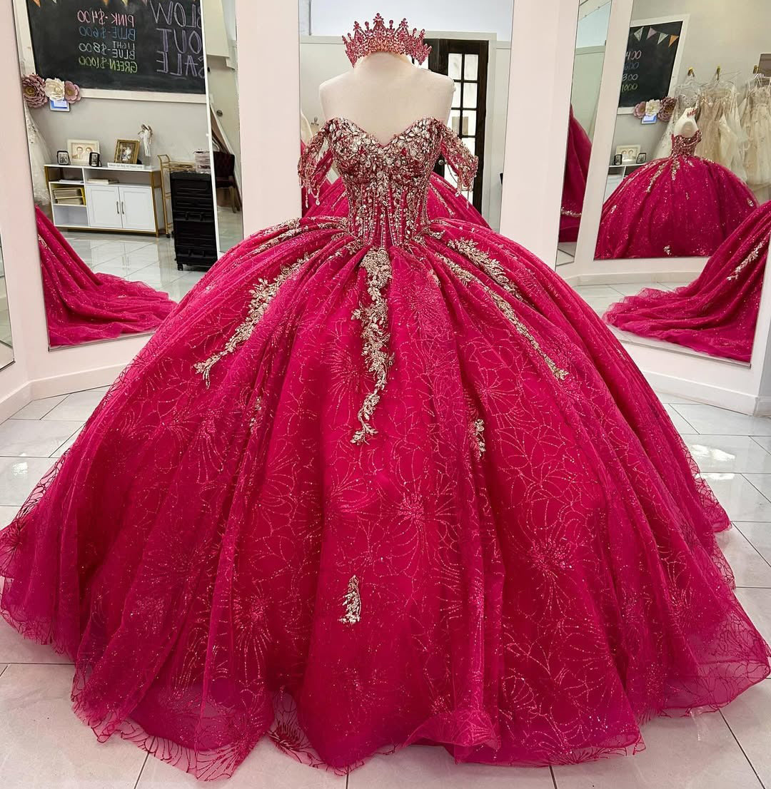 Ball Gown Quinceanera Dresses Glittery Tulle Beaded Sweet 16 Prom Party Gowns HE222
