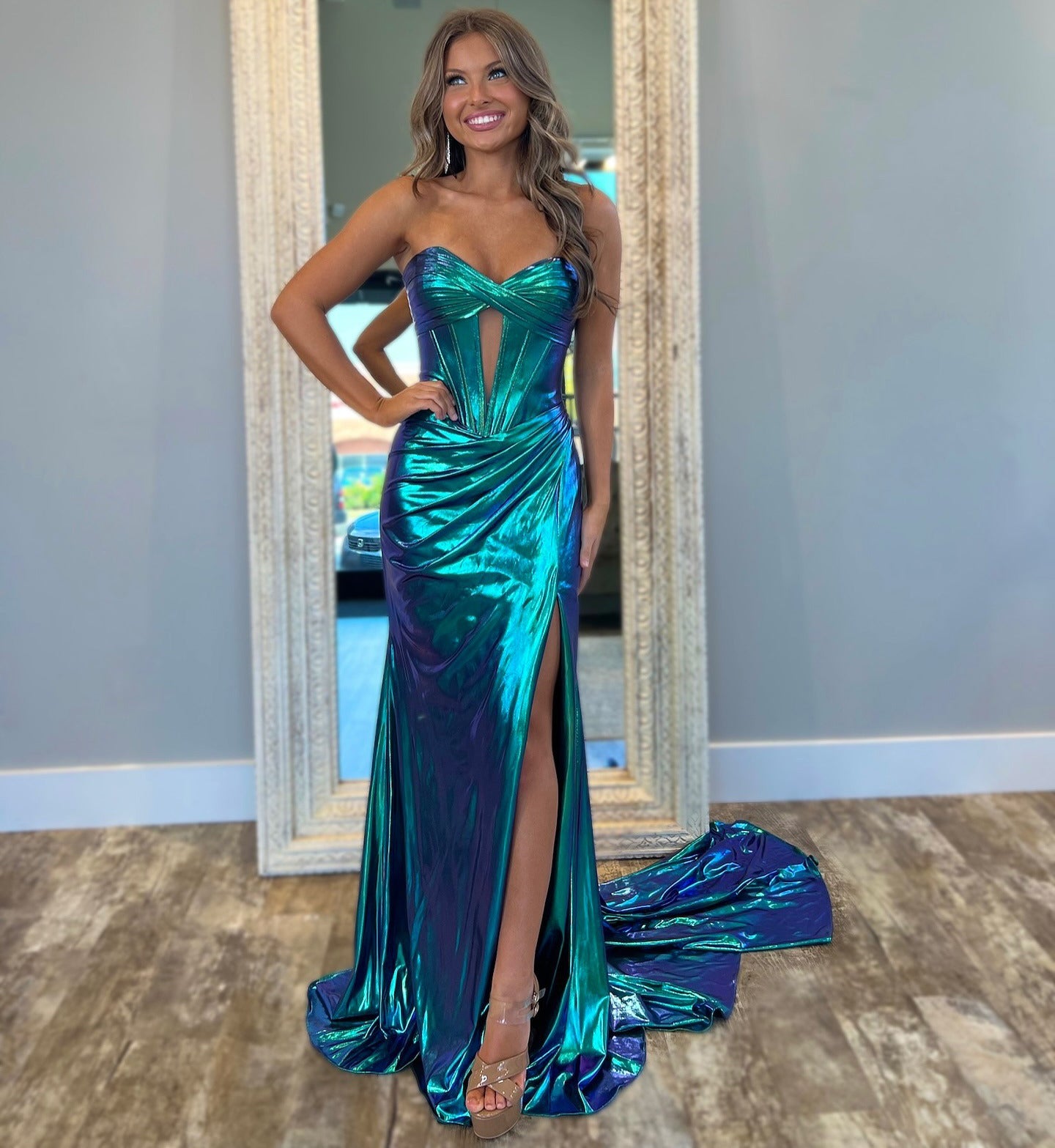Women's Metallic Satin Long Prom Dresses Corset Keyhole Evening Gowns with Slit HE136