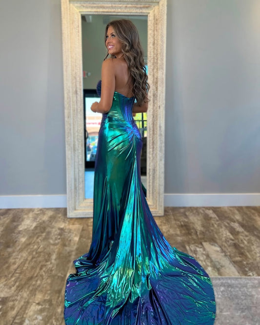 Women's Metallic Satin Long Prom Dresses Corset Keyhole Evening Gowns with Slit HE136