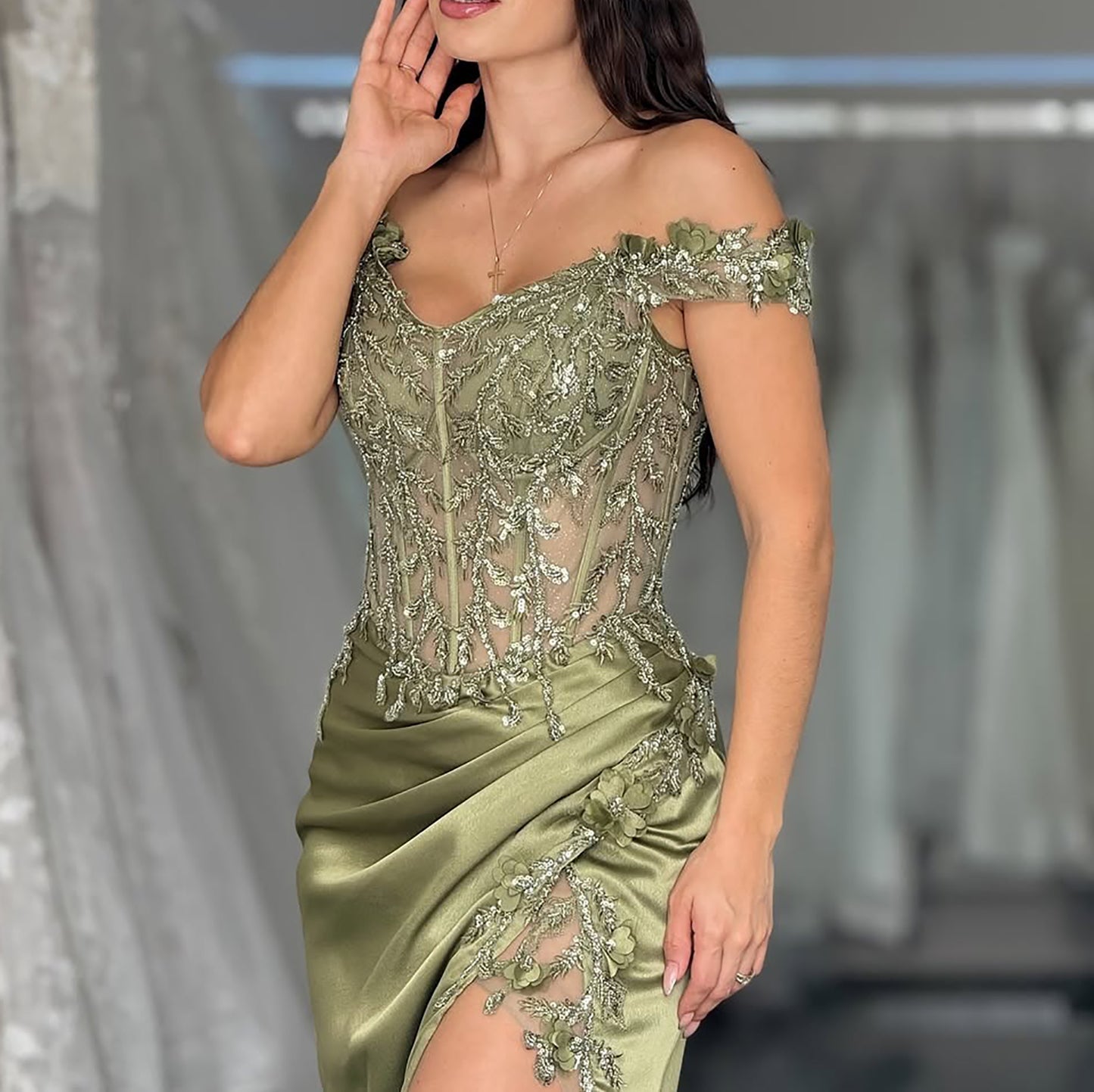 HE009-Mermaid Prom Dresses Long for Women Off Shoulder Evening Dresses Plus Size Satin Lace Appliques Maxi Party Gowns